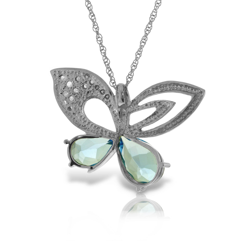 14K Solid White Gold Butterfly Necklace Natural Diamond & Blue Topaz Jewelry