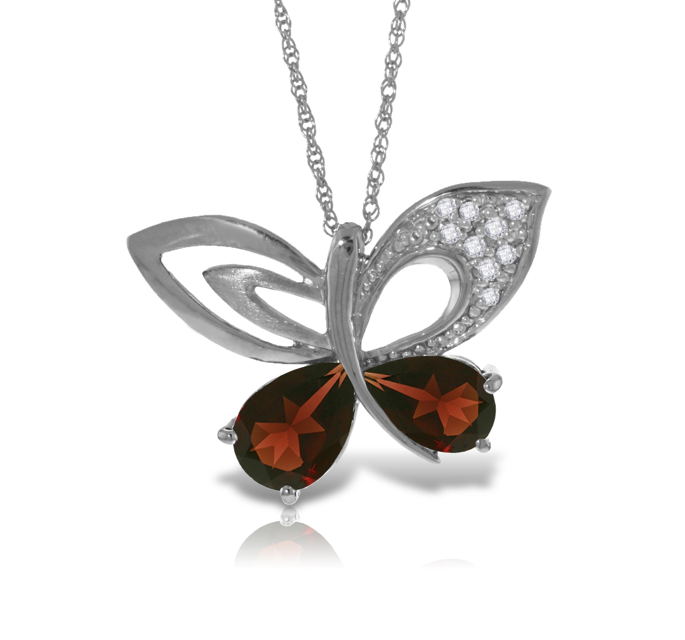 14K Solid White Gold Butterfly Necklace Natural Diamond & Garnet Jewelry