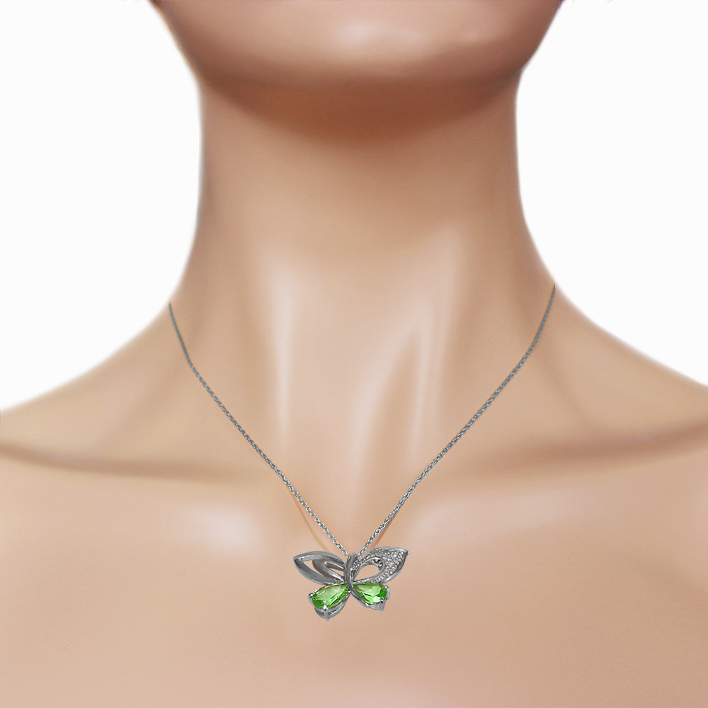 14K Solid White Gold Butterfly Necklace w/ Natural Diamonds & Peridots