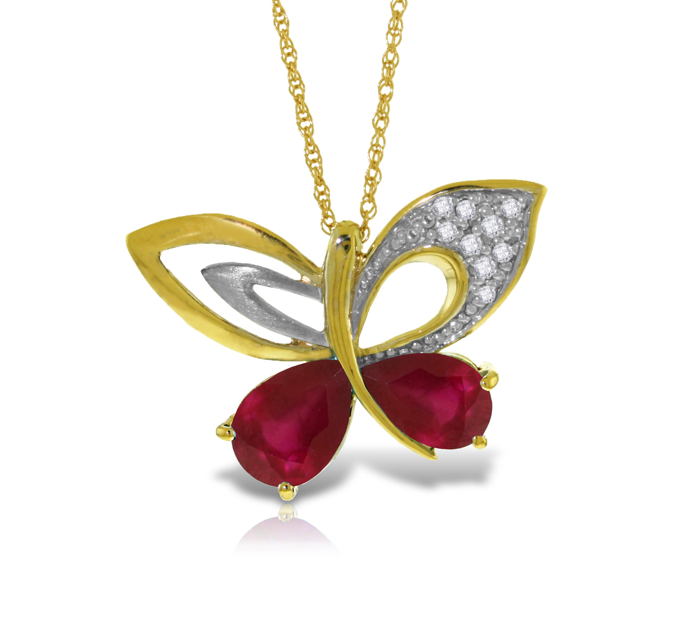 14K Solid Yellow Gold Butterfly Diamond & Ruby Necklace
