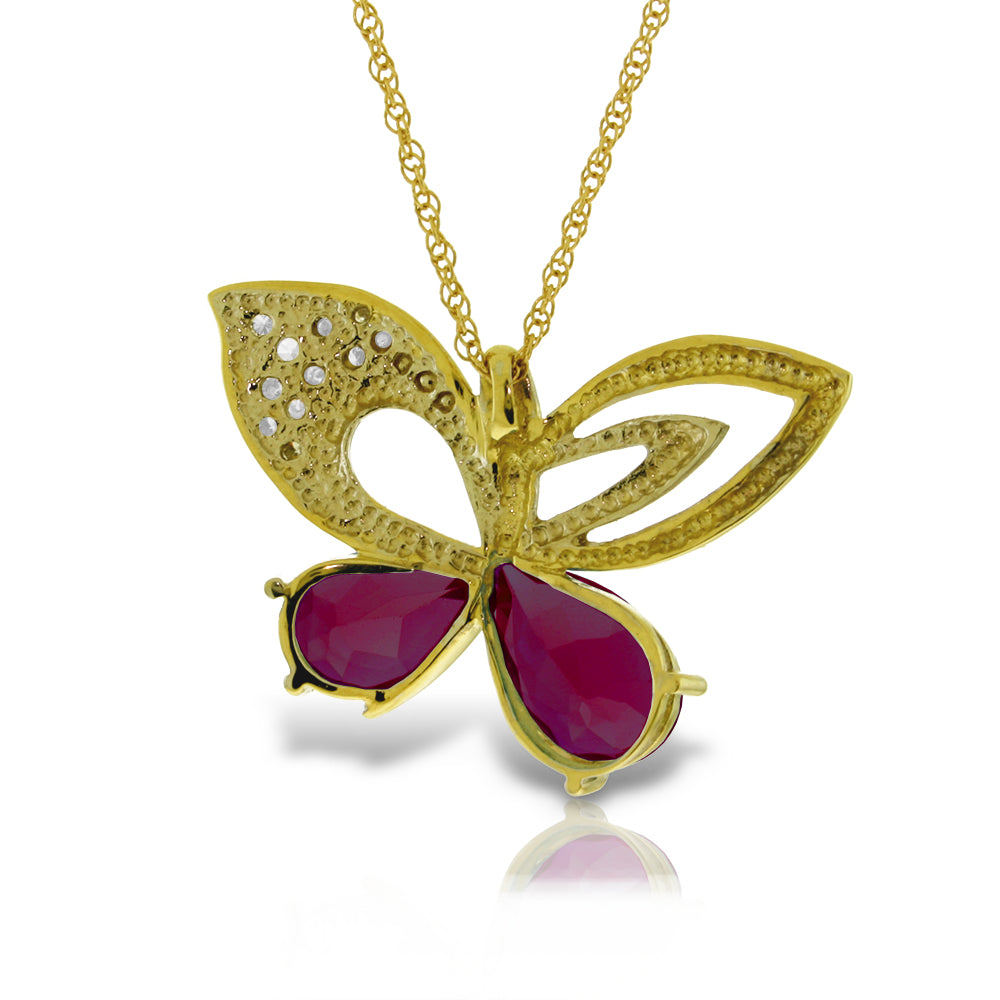 14K Solid Yellow Gold Butterfly Diamond & Ruby Necklace