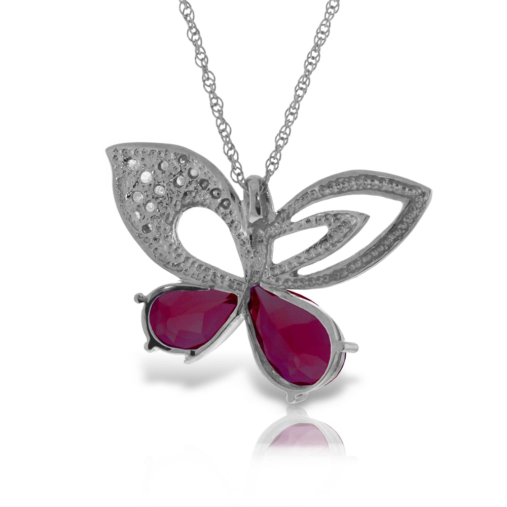 14K Solid White Gold Butterfly Necklace Natural Diamond & Ruby