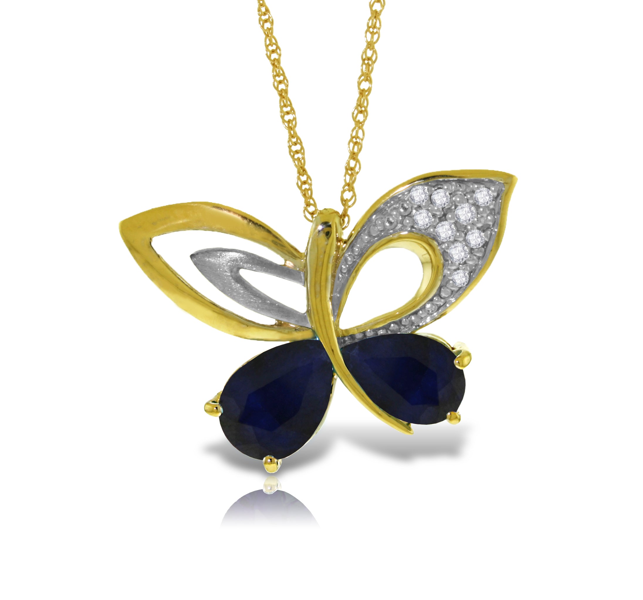 14K Solid Yellow Gold Butterfly Diamond & Sapphire Necklace