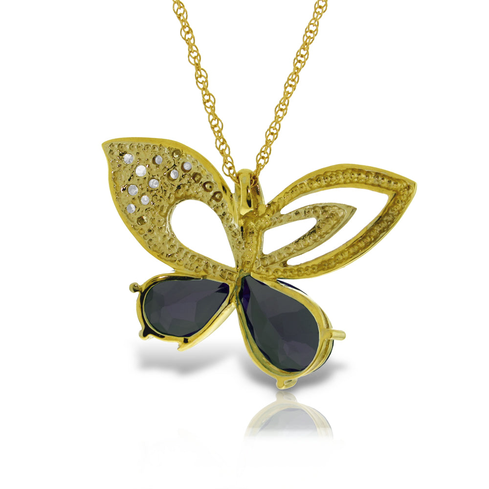 14K Solid Yellow Gold Butterfly Diamond & Sapphire Necklace