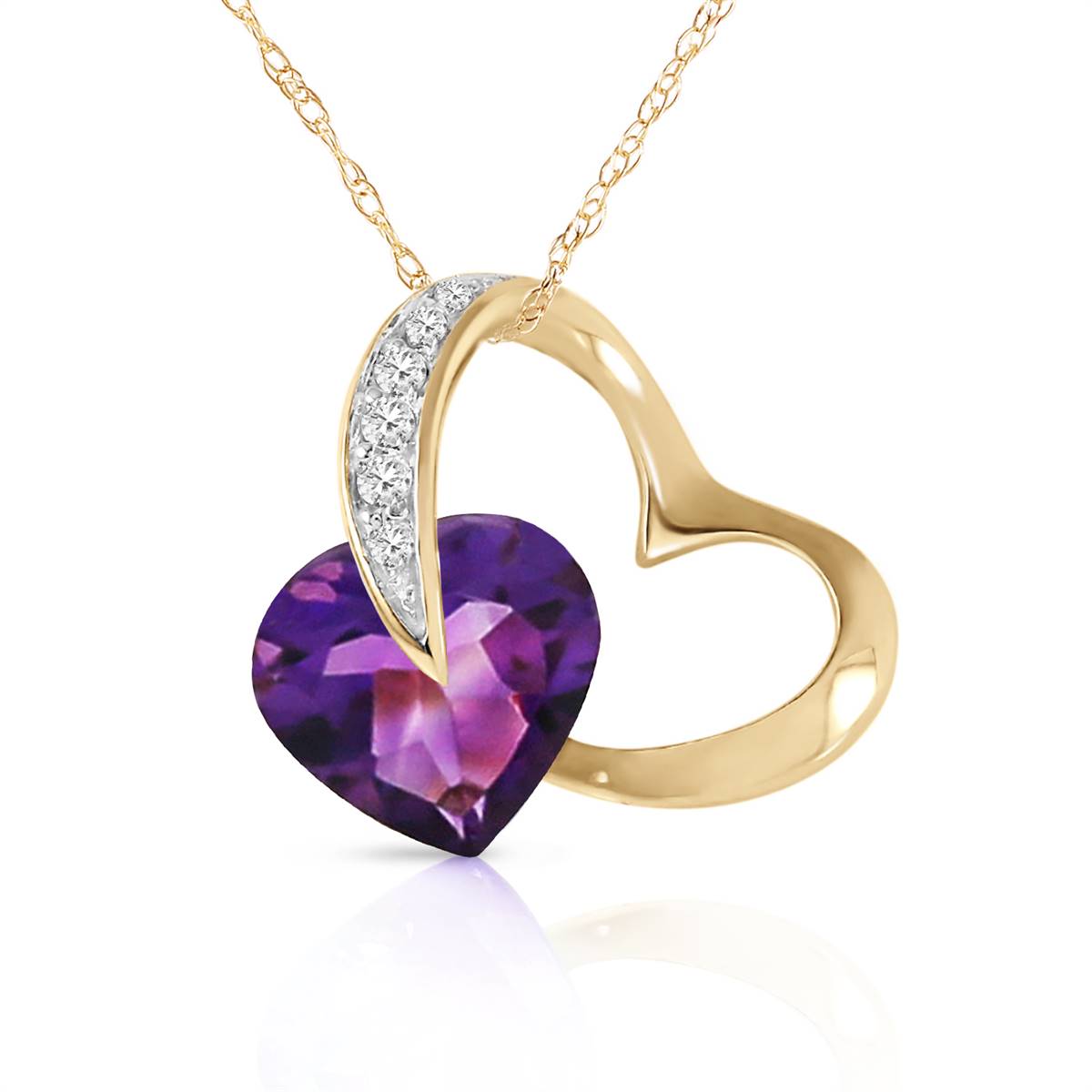 14K Solid Yellow Gold Heart Natural Diamond & Amethyst Necklace