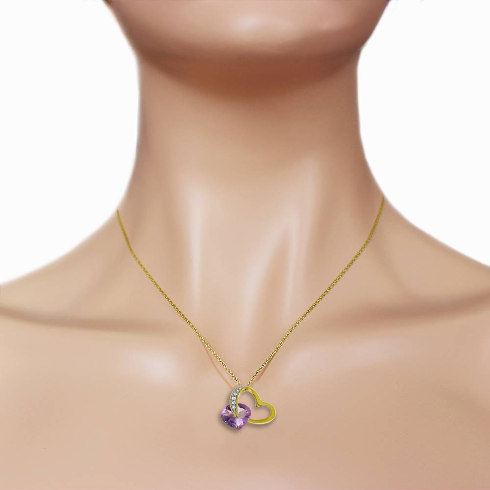 14K Solid Yellow Gold Heart Natural Diamond & Amethyst Necklace