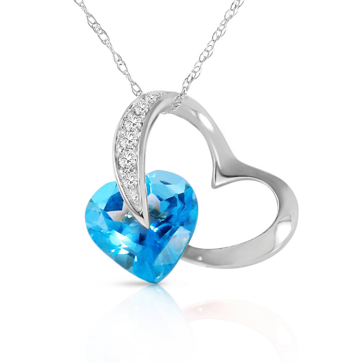 14K Solid White Gold Heart Necklace w/ Natural Diamonds & Blue Topaz