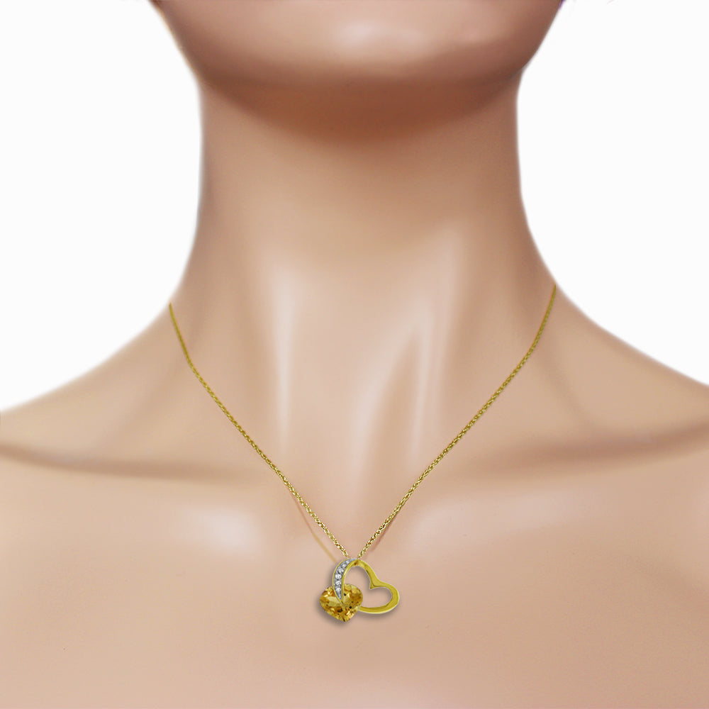 14K Solid Yellow Gold Heart Diamond & Citrine Necklace