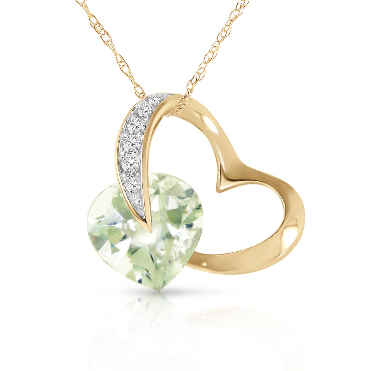 14K Solid Yellow Gold Heart Diamond & Green Amethyst Necklace