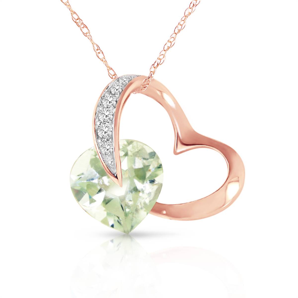 14K Solid Rose Gold Heart Natural Diamond & Green Amethyst Necklace