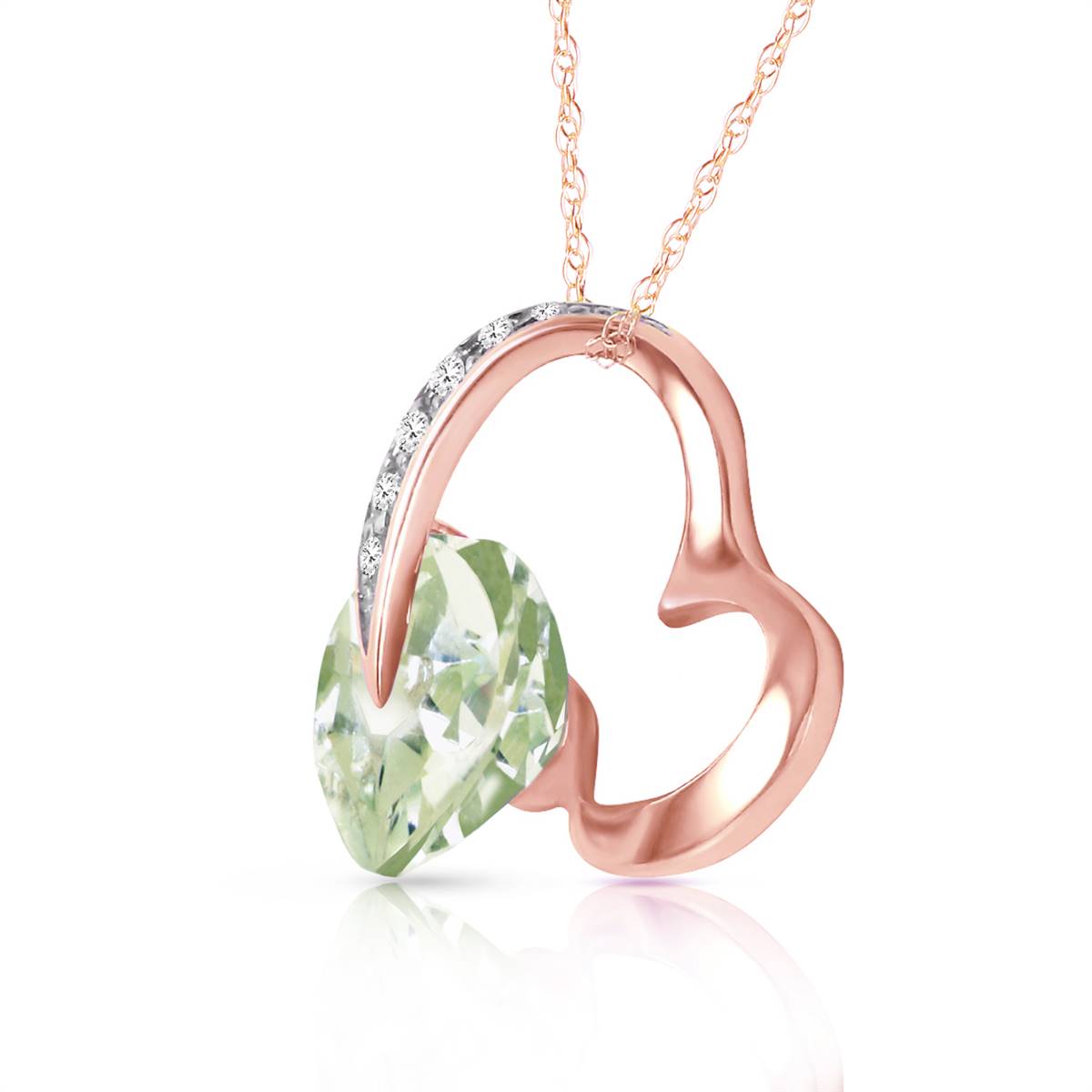 14K Solid Rose Gold Heart Natural Diamond & Green Amethyst Necklace