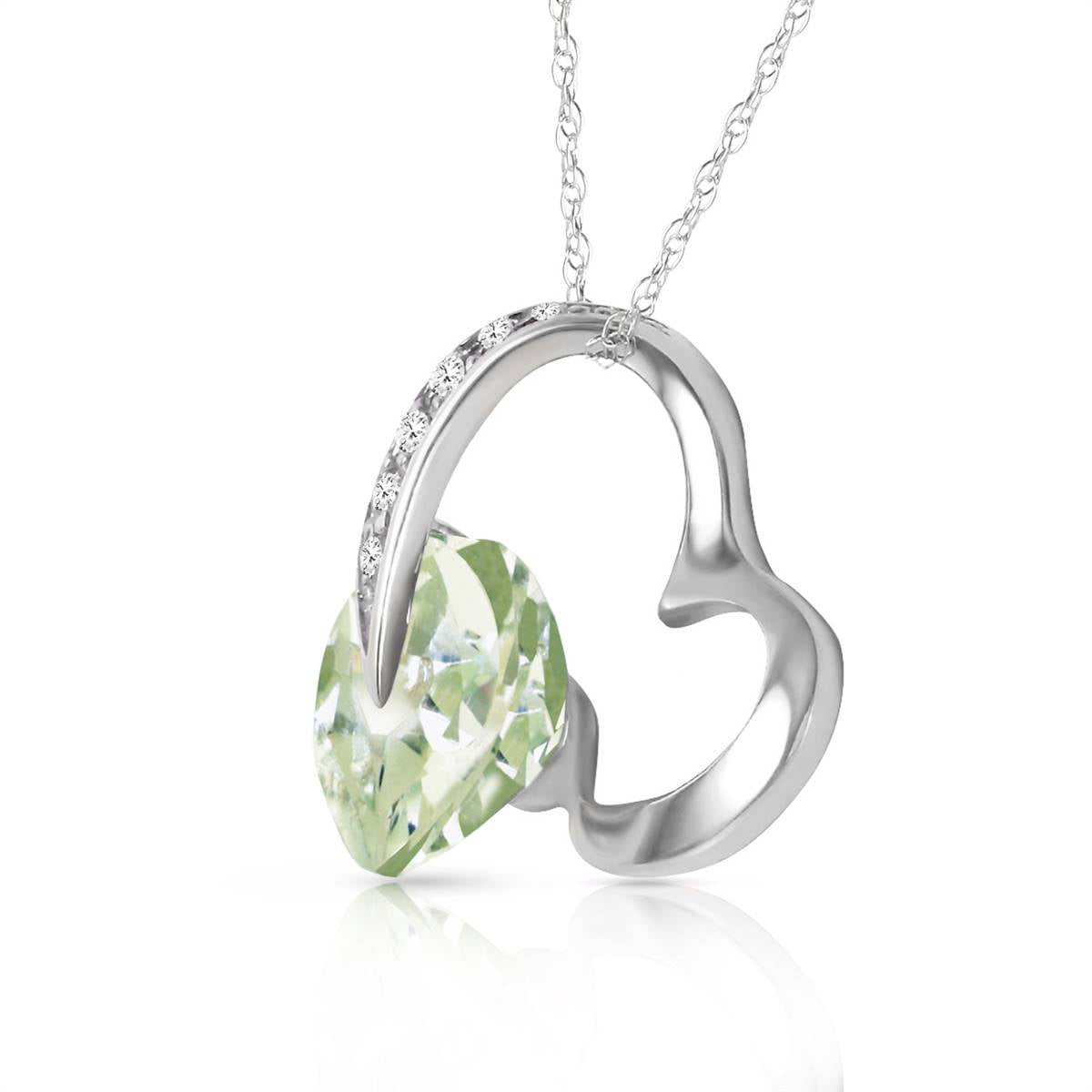 14K Solid White Gold Heart Necklace Natural Diamond & Green Amethyst