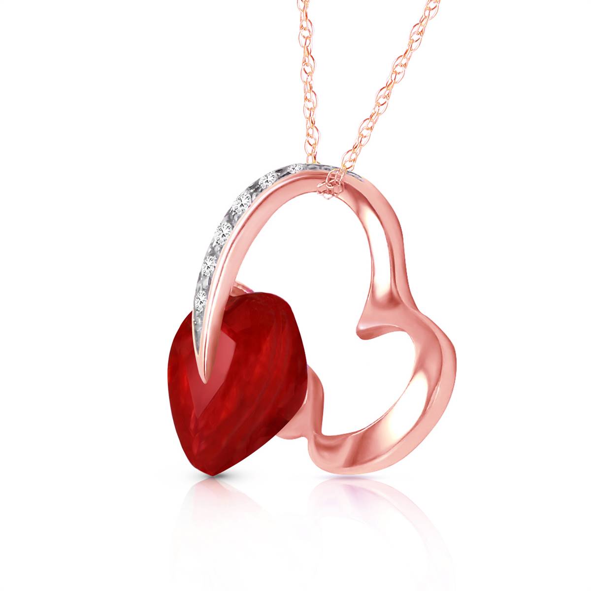 14K Solid Rose Gold Heart Natural Diamond & Ruby Necklace Jewelry