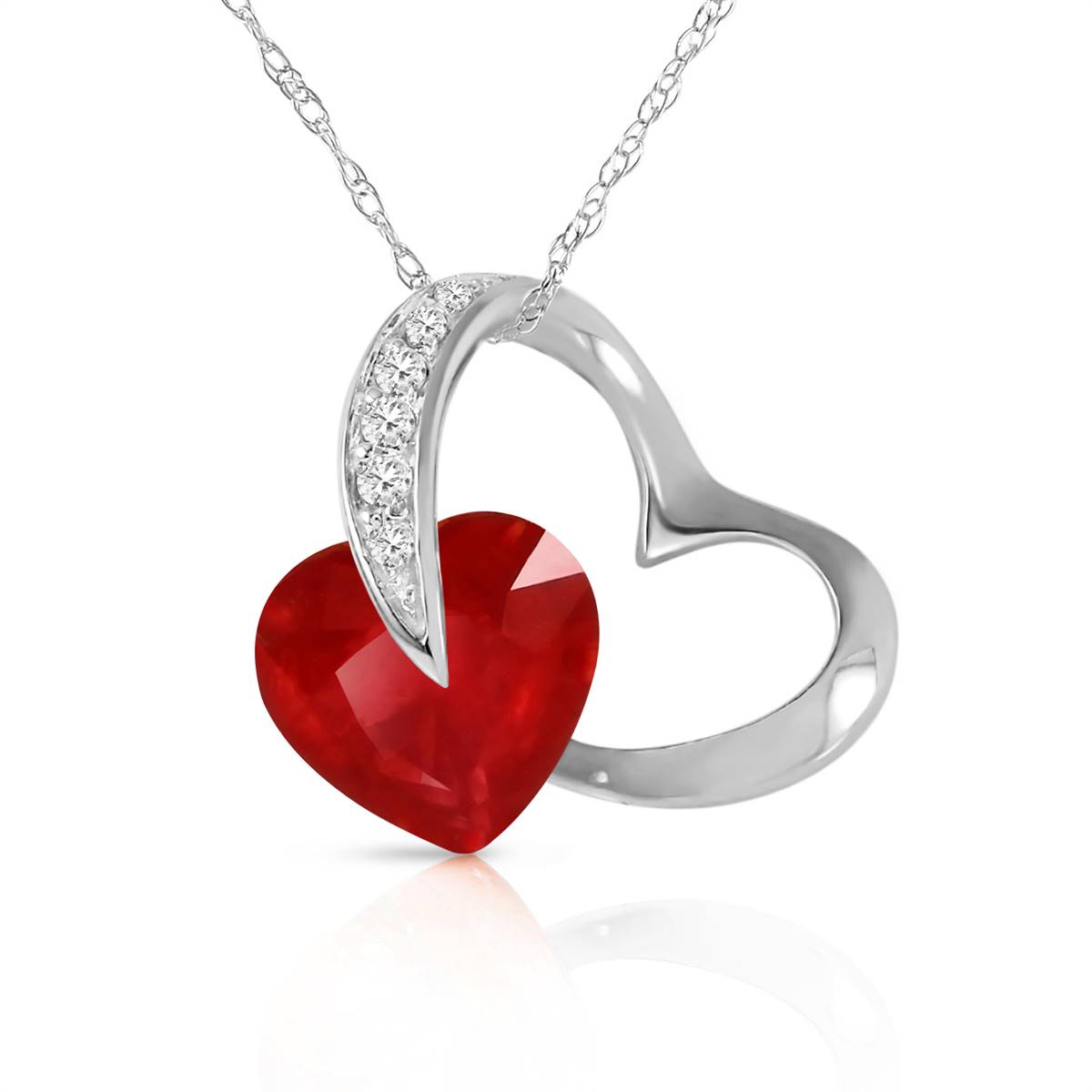 14K Solid White Gold Heart Necklace Natural Diamond & Ruby Jewelry