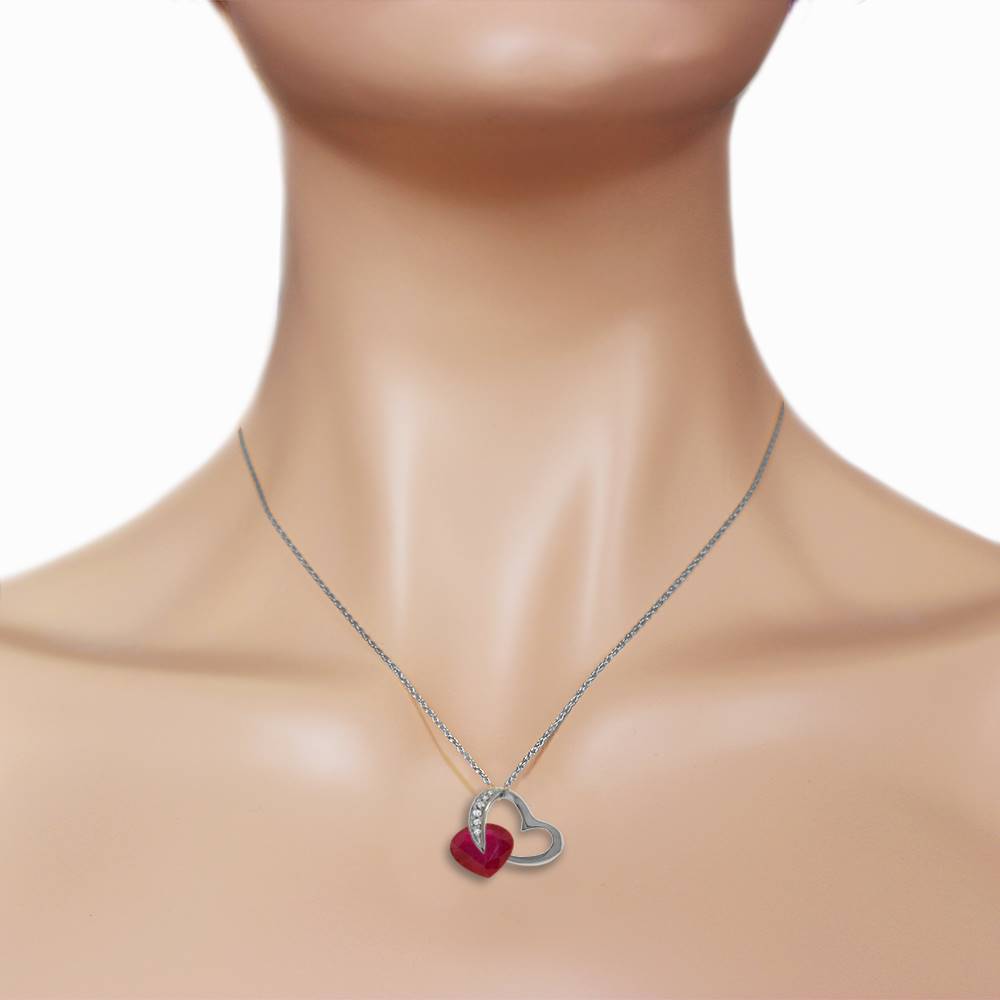 14K Solid White Gold Heart Necklace Natural Diamond & Ruby Jewelry