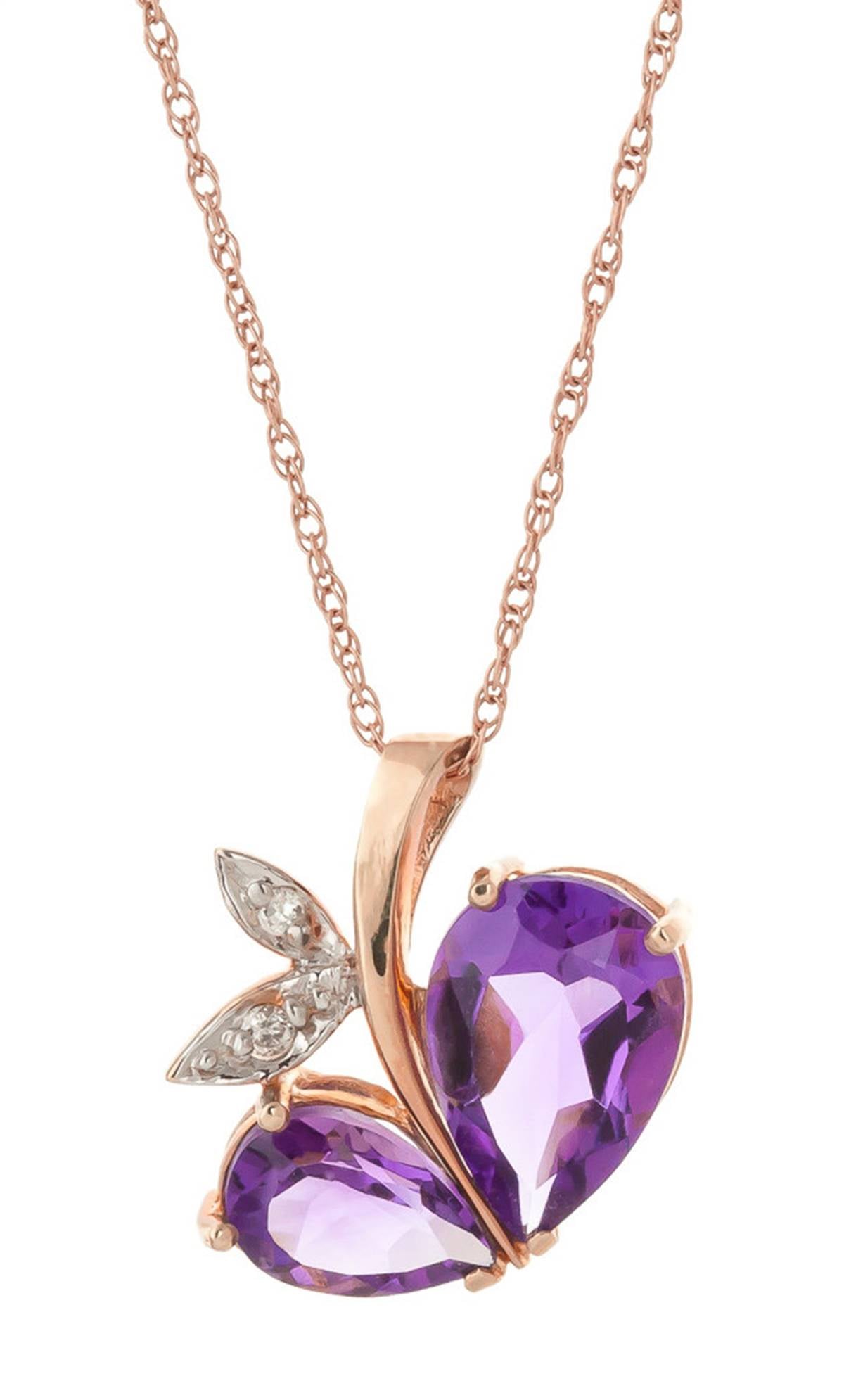 14K Solid Rose Gold Modern Heart Necklace w/ Natural Diamond & Amethysts
