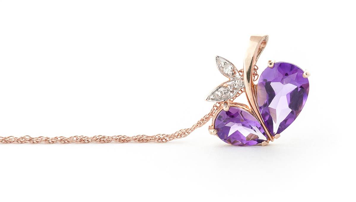 14K Solid Rose Gold Modern Heart Necklace w/ Natural Diamond & Amethysts
