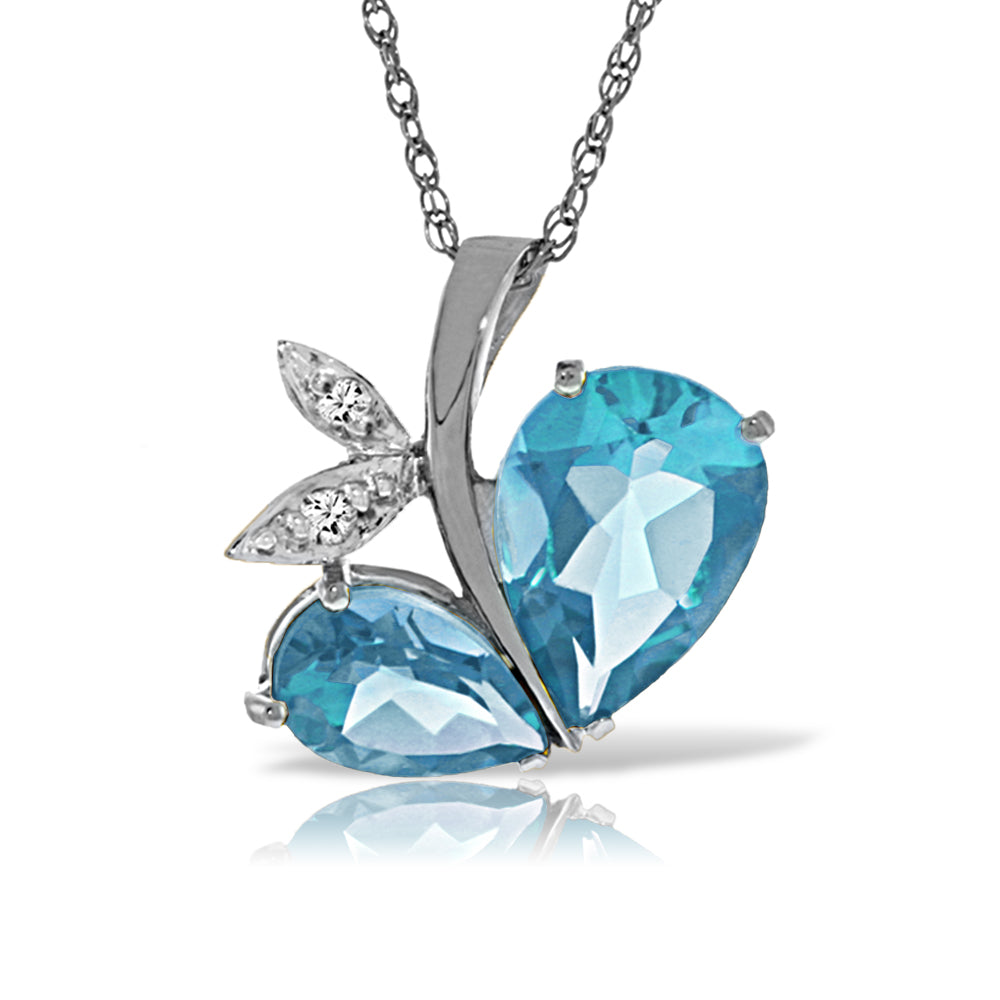 14K Solid White Gold Modern Heart Necklace w/ Natural Diamond & Blue Topaz