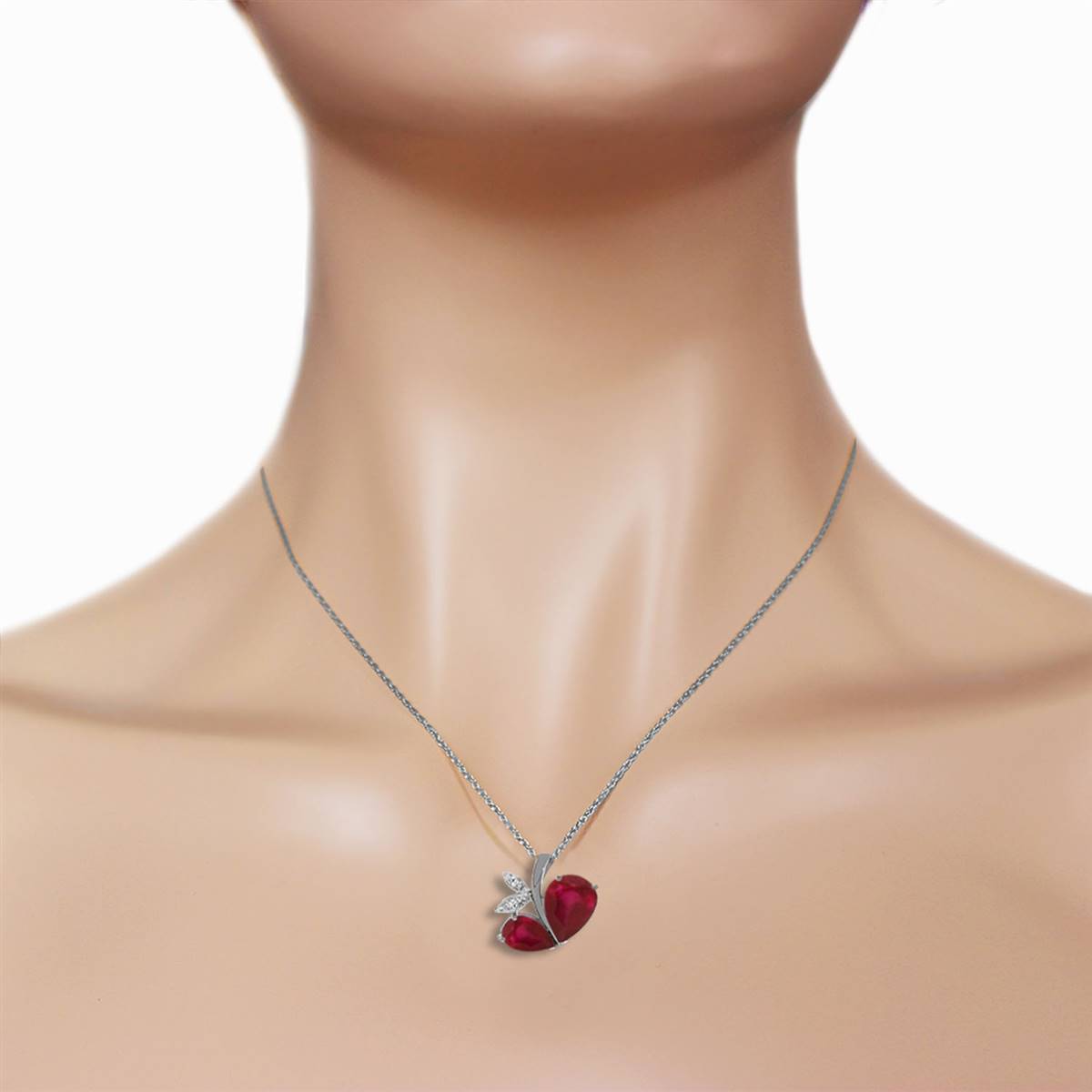 14K Solid White Gold Modern Heart Necklace w/ Natural Diamond & Rubies