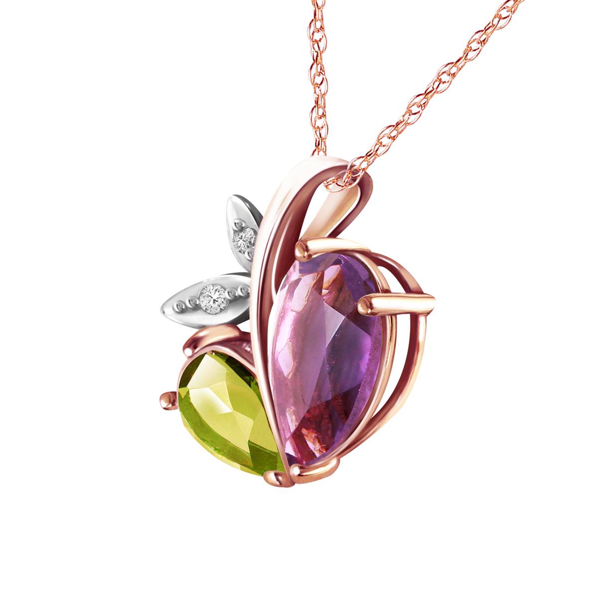 14K Solid Rose Gold Modern Heart Necklace Combination Of Amethyst, Peridot & Diamond
