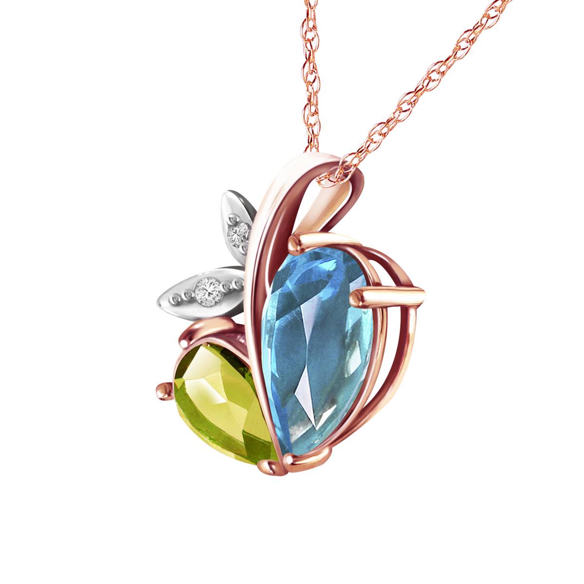 14K Solid Rose Gold Modern Heart Necklace Combination Of Blue Topaz, Peridot & Diamonds