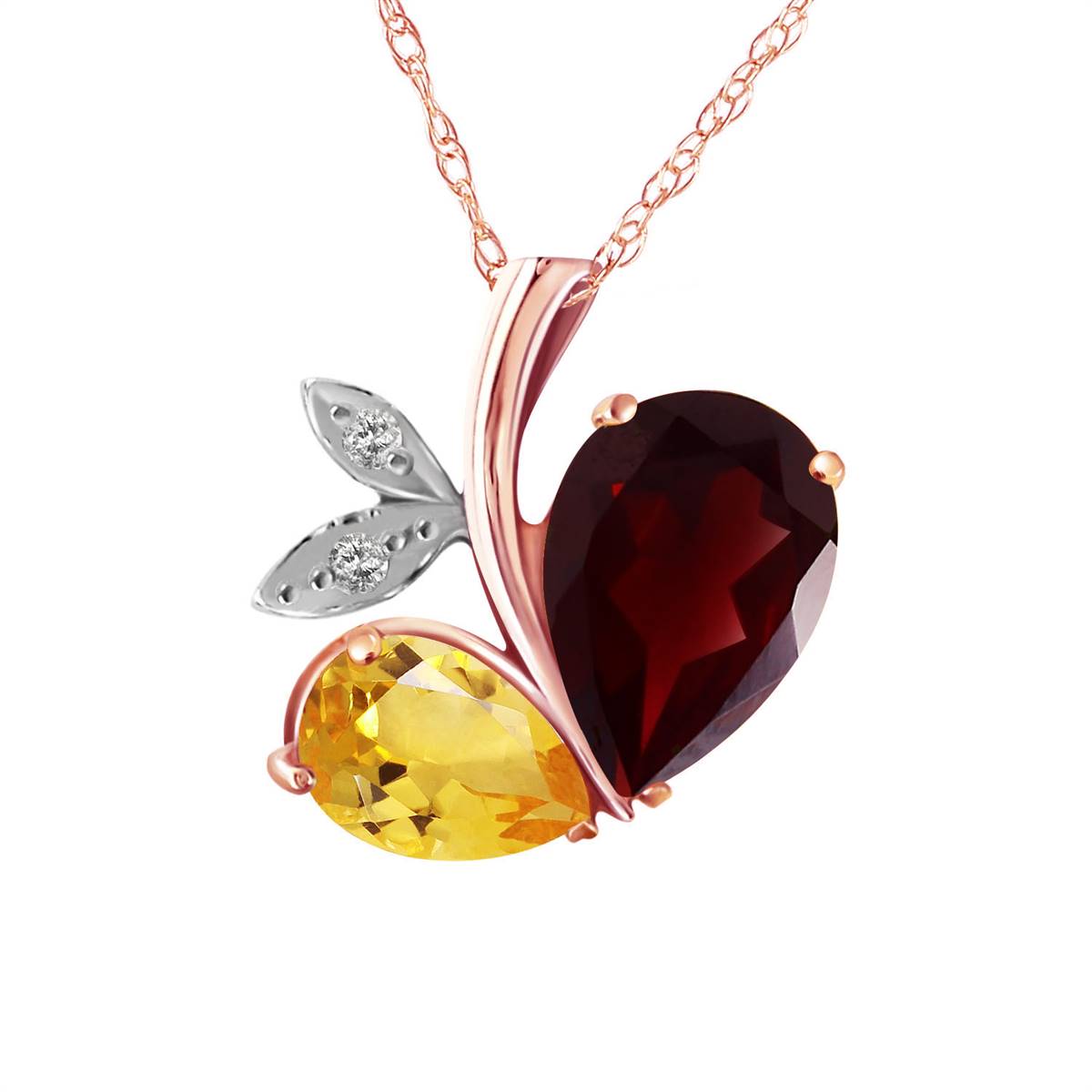 14K Solid Rose Gold Modern Heart Necklace Combination Of Garnet, Citrine & Diamonds