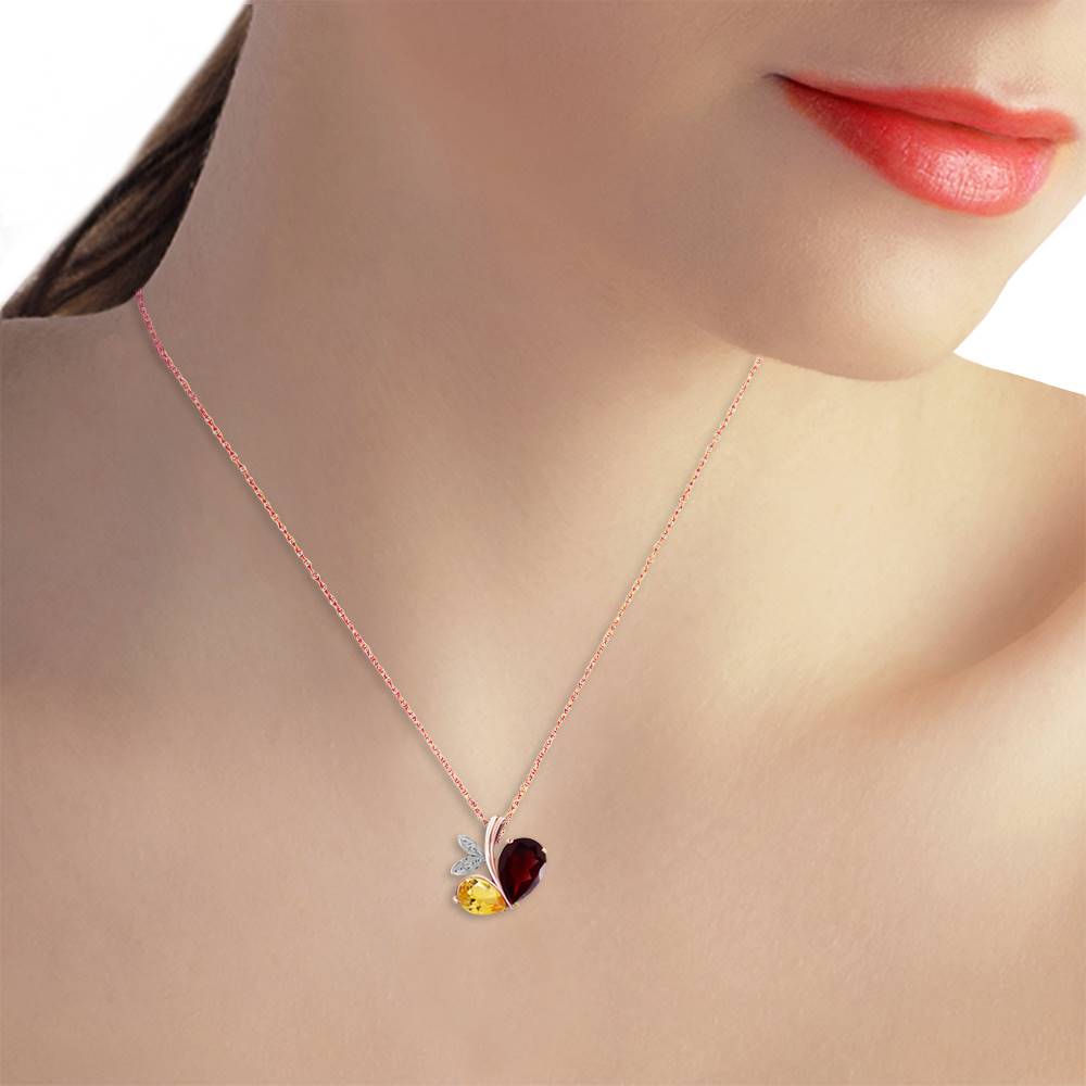14K Solid Rose Gold Modern Heart Necklace Combination Of Garnet, Citrine & Diamonds