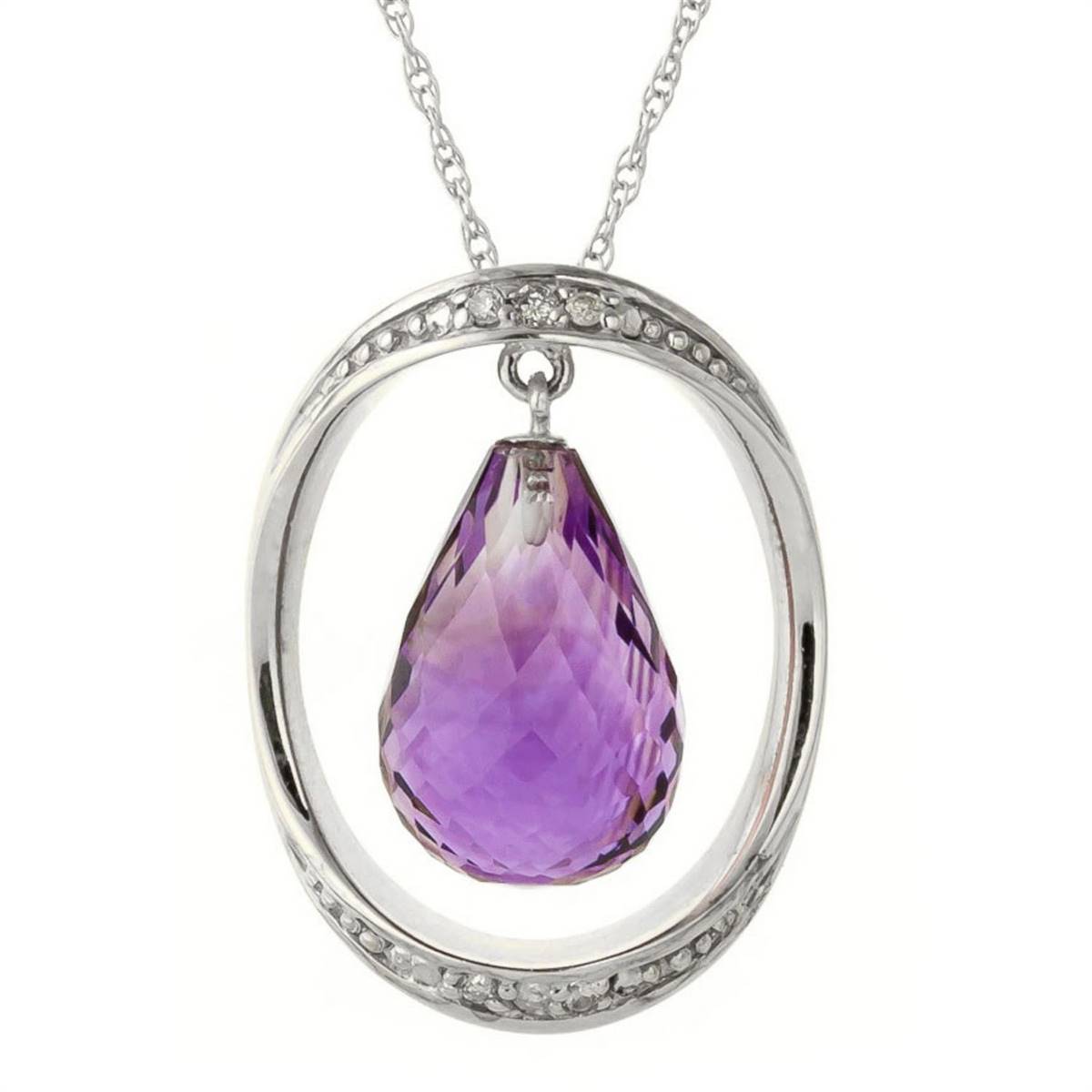 14K Solid White Gold Necklace w/ Natural Briolette Amethyst & Diamonds