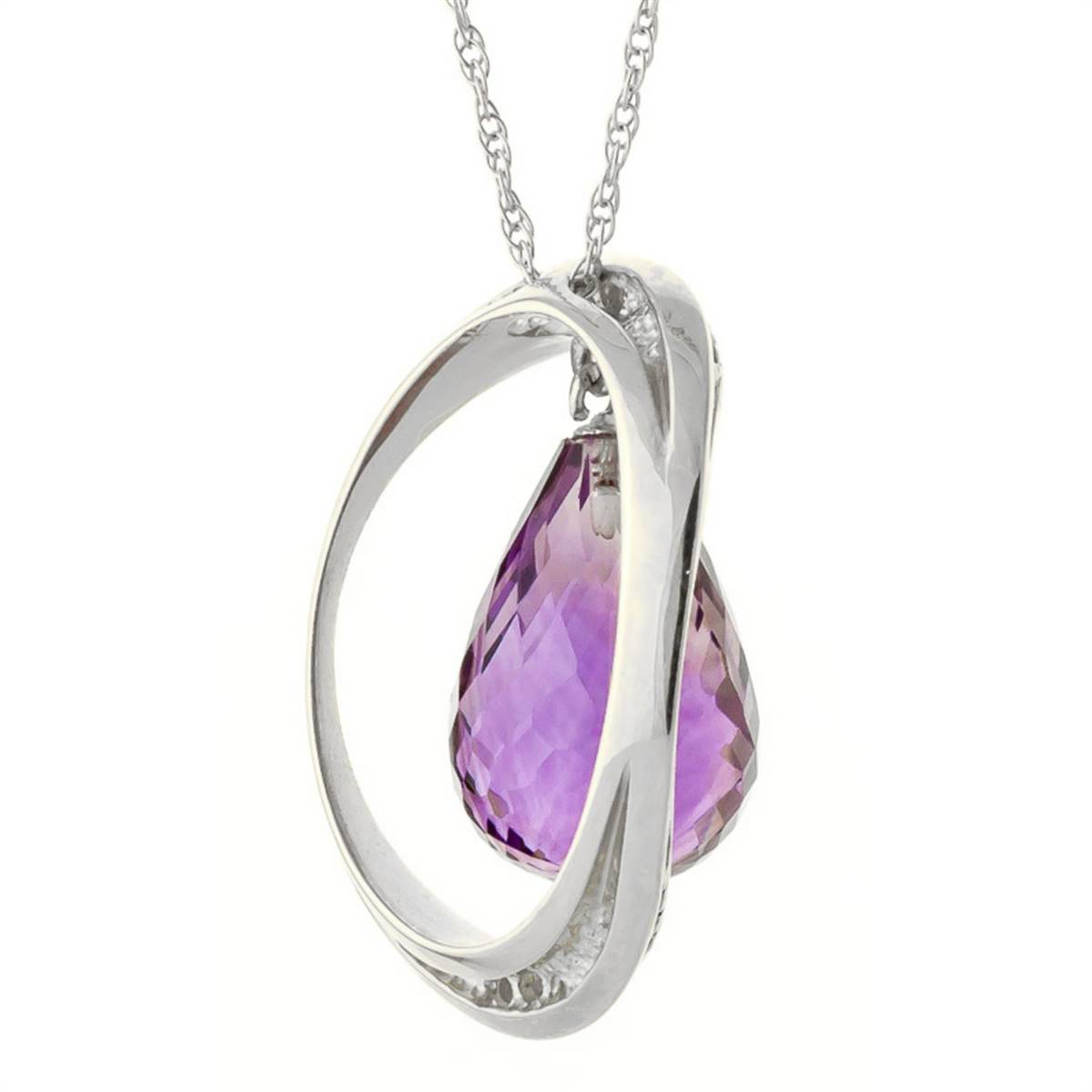 14K Solid White Gold Necklace w/ Natural Briolette Amethyst & Diamonds