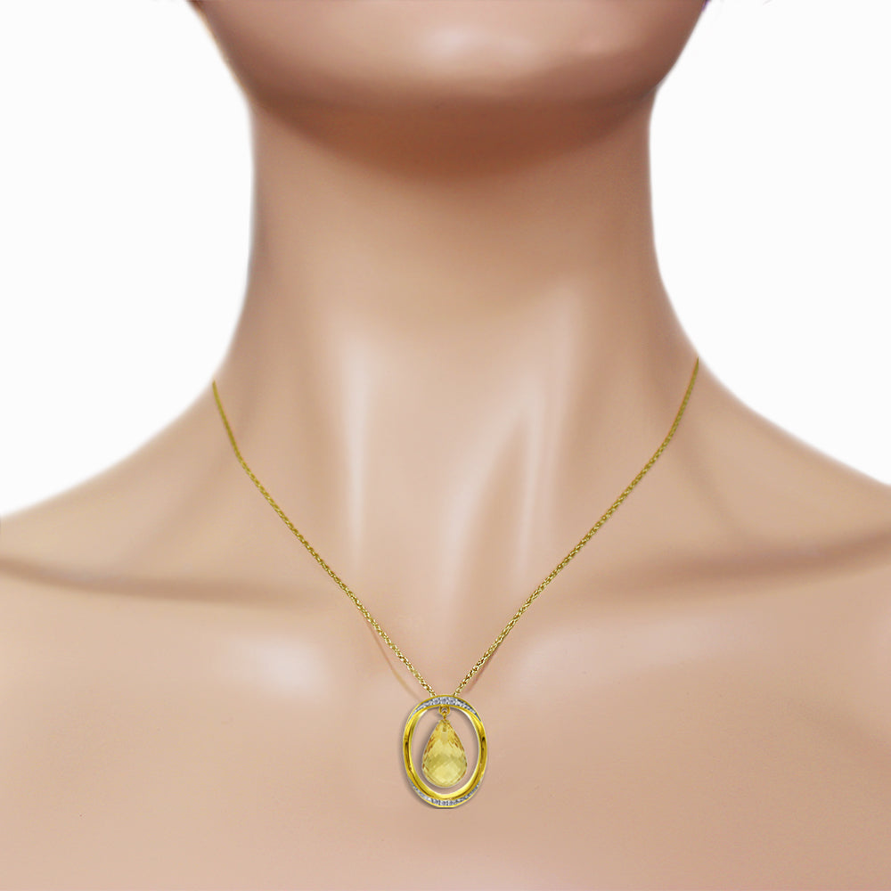 14K Solid Yellow Gold Necklace w/ Natural Briolette Citrine & Diamonds