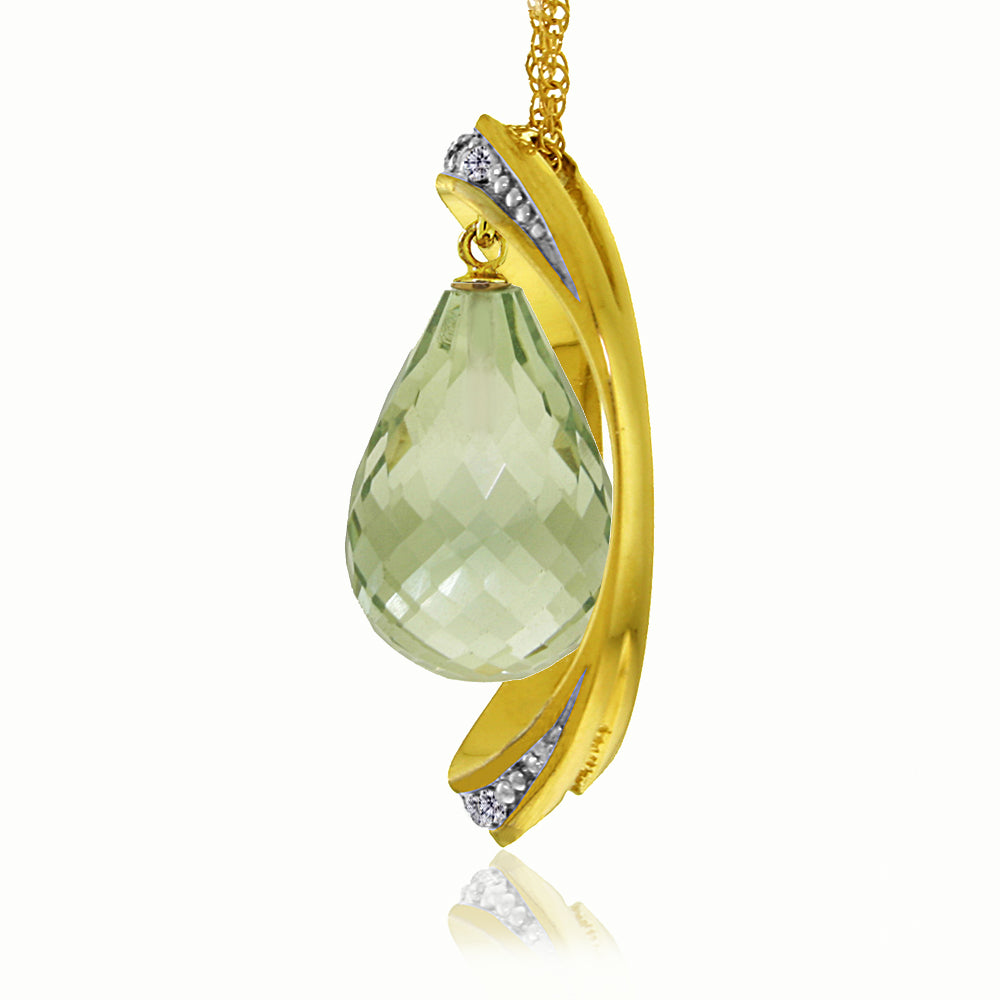14K Solid Yellow Gold Necklace w/ Natural Briolette Green Amethyst & Diamonds