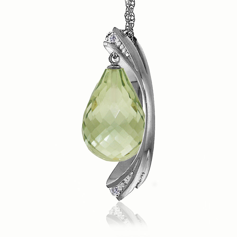 14K Solid White Gold Necklace w/ Natural Briolette Green Amethyst & Diamonds