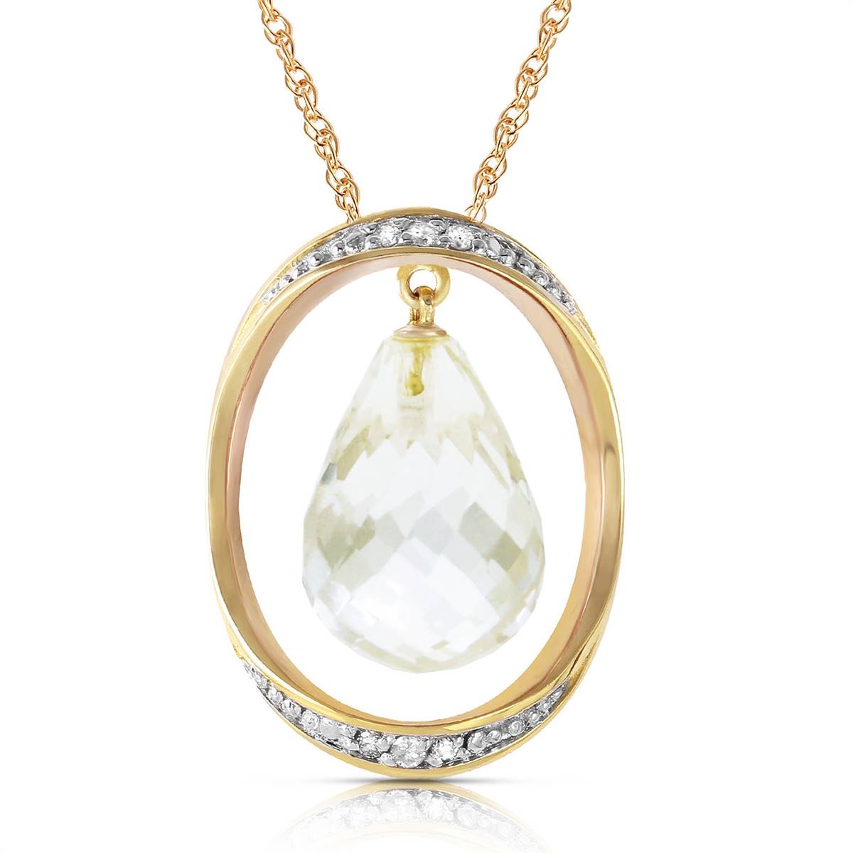 14K Solid Yellow Gold Necklace w/ Natural Briolette White Topaz & Diamonds