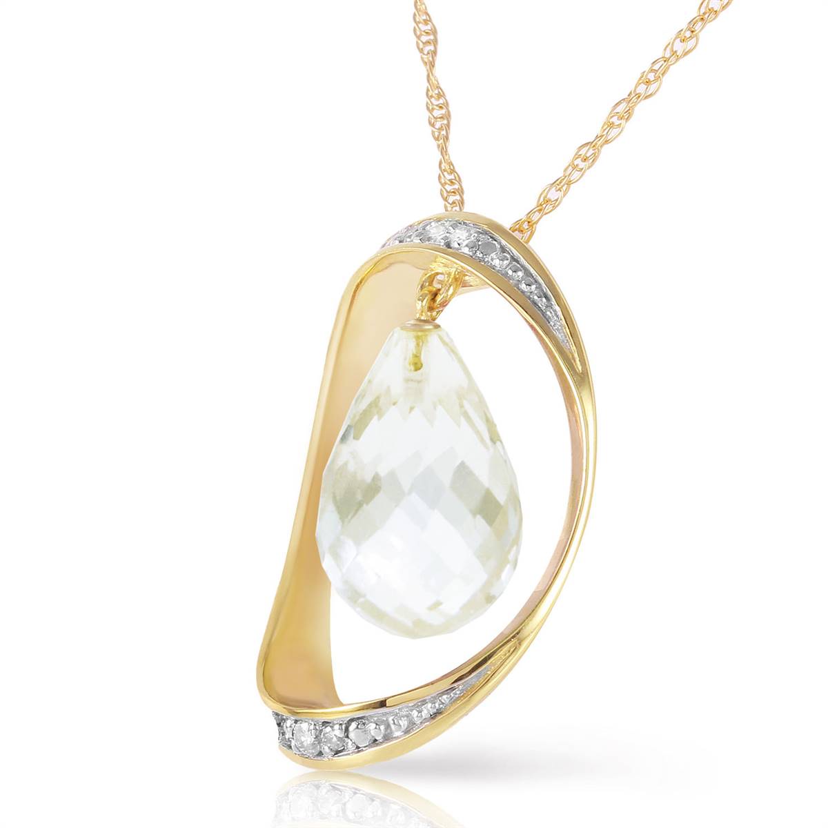 14K Solid Yellow Gold Necklace w/ Natural Briolette White Topaz & Diamonds