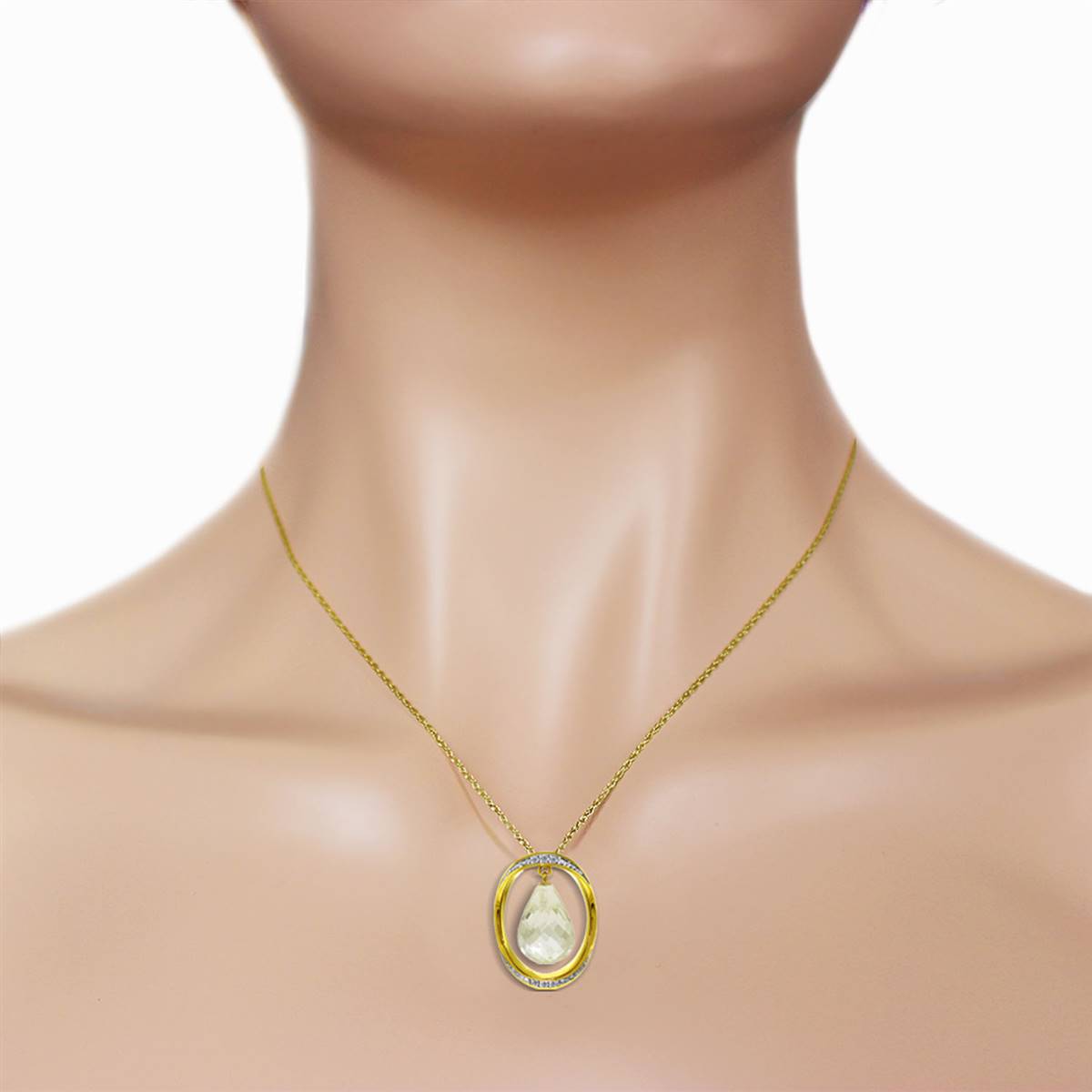 14K Solid Yellow Gold Necklace w/ Natural Briolette White Topaz & Diamonds
