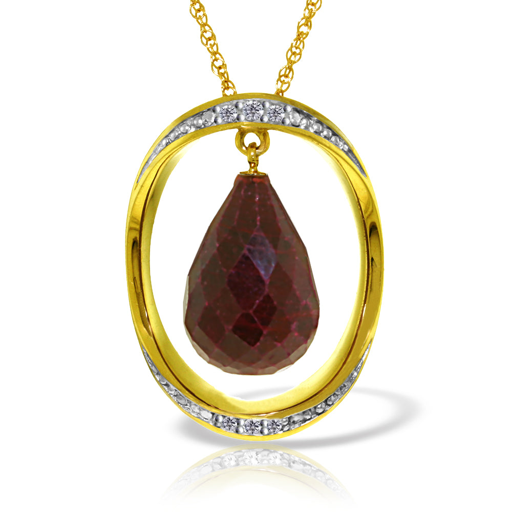 14K Solid Yellow Gold Necklace w/ Natural Briolette Dyed Ruby & Diamonds