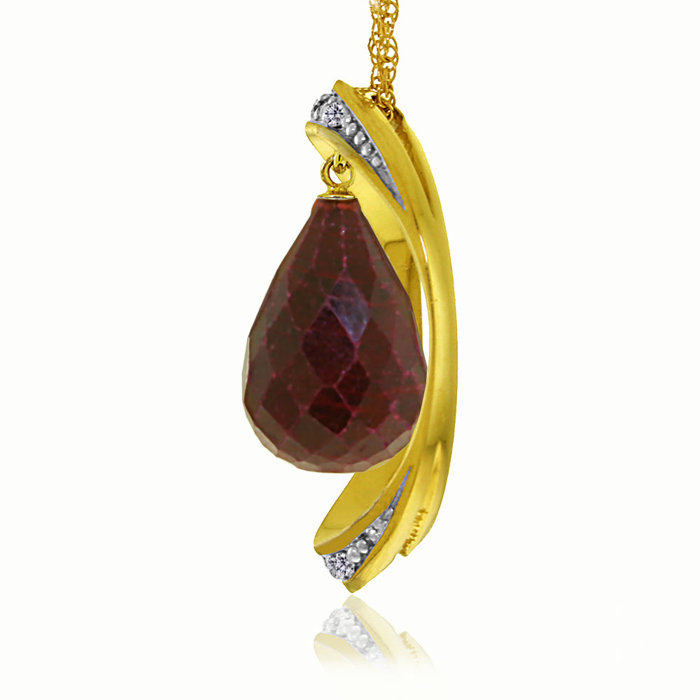 14K Solid Yellow Gold Necklace w/ Natural Briolette Dyed Ruby & Diamonds