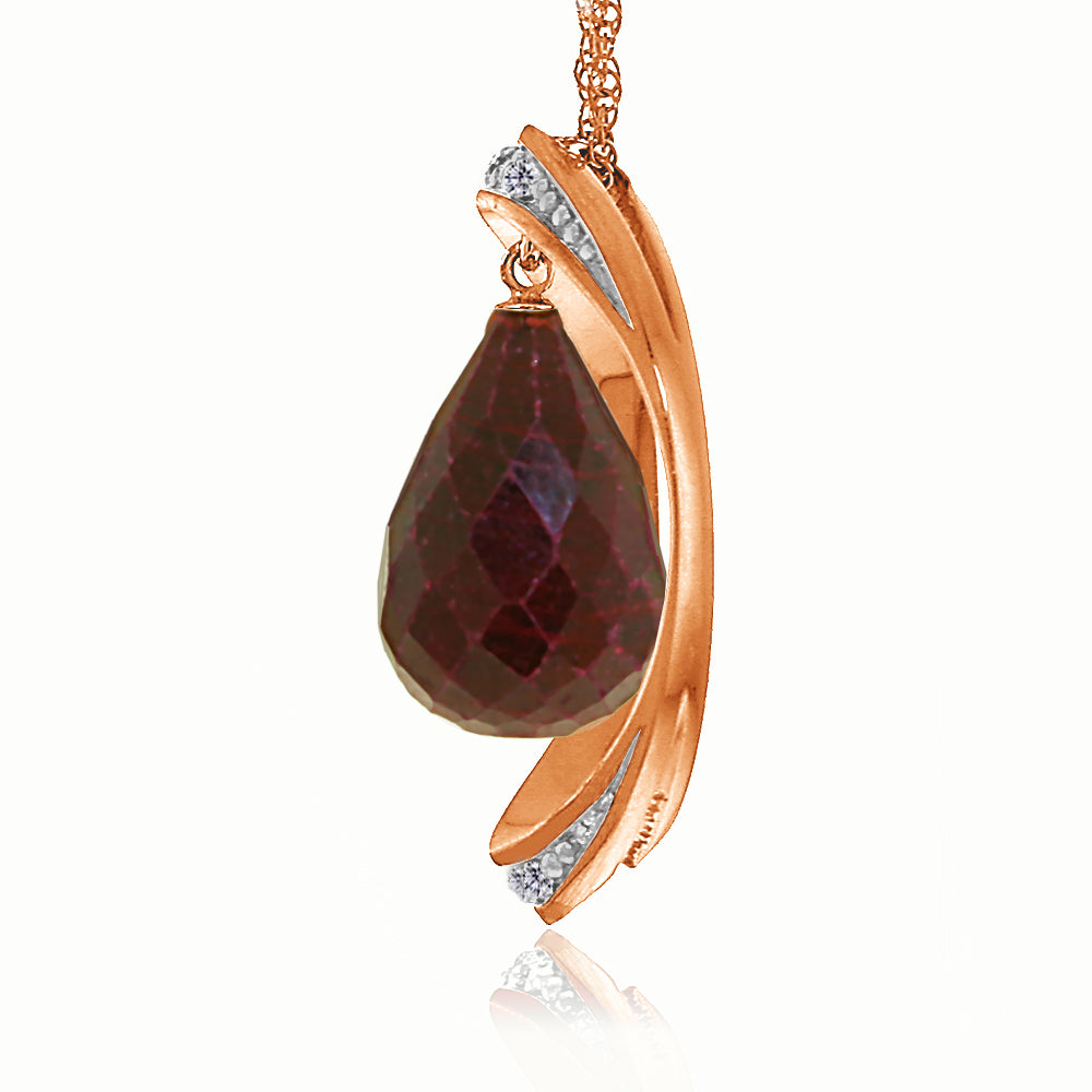 14K Solid Rose Gold Necklace w/ Natural Briolette Dyed Ruby & Diamonds