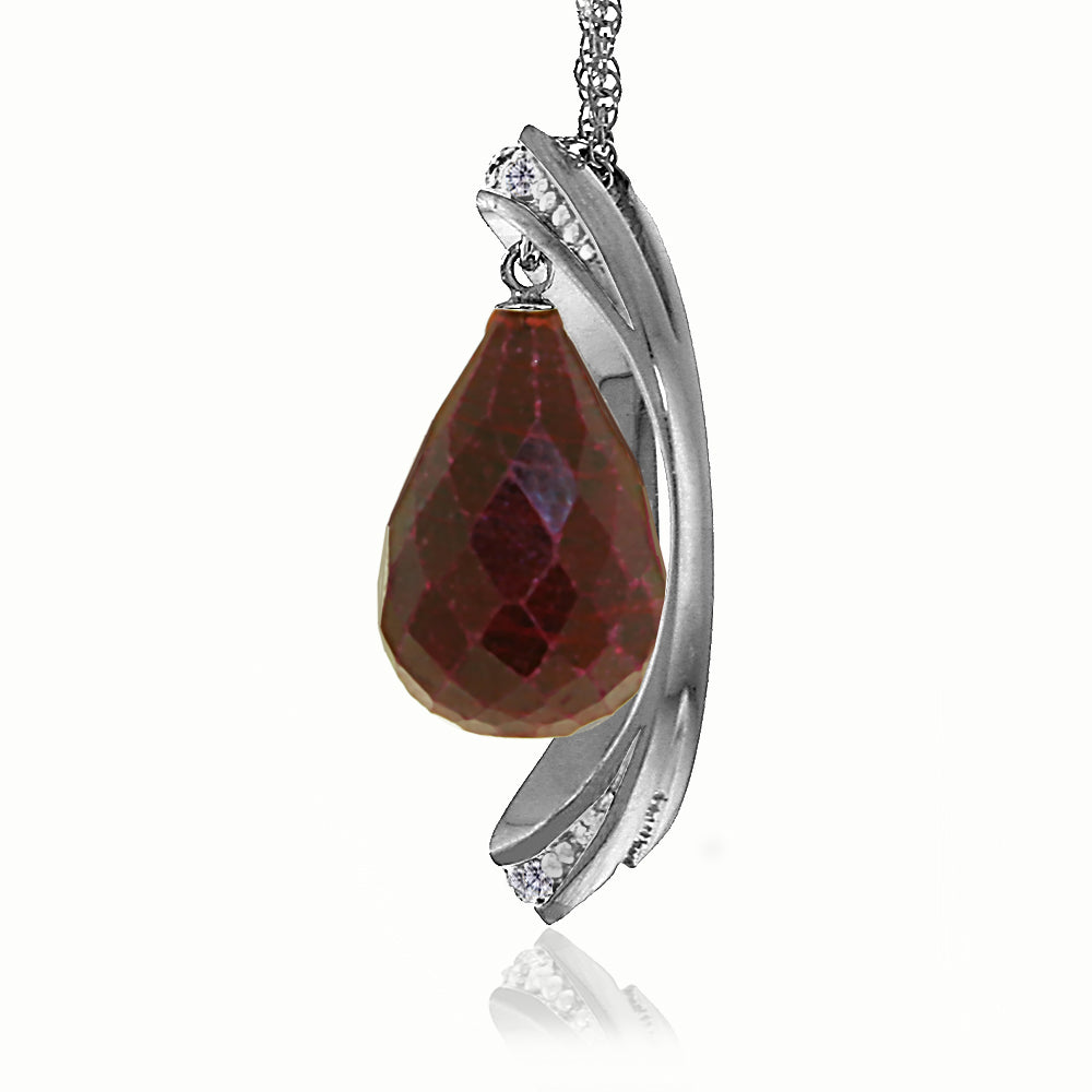 14K Solid White Gold Necklace w/ Natural Briolette Dyed Ruby & Diamonds