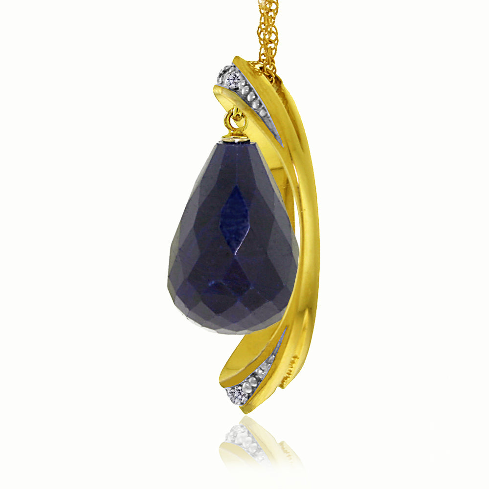 14K Solid Yellow Gold Necklace w/ Natural Briolette Dyed Sapphire & Diamonds