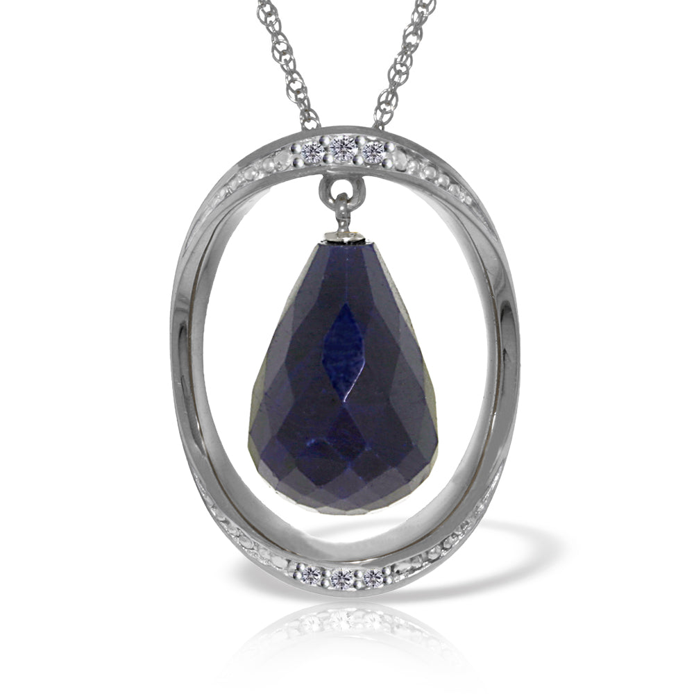 14K Solid White Gold Necklace w/ Natural Briolette Dyed Sapphire & Diamonds