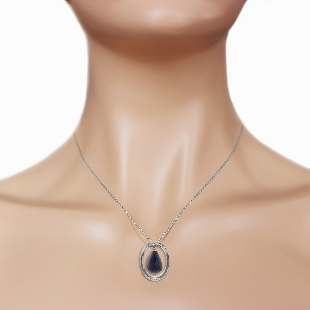 14K Solid White Gold Necklace w/ Natural Briolette Dyed Sapphire & Diamonds