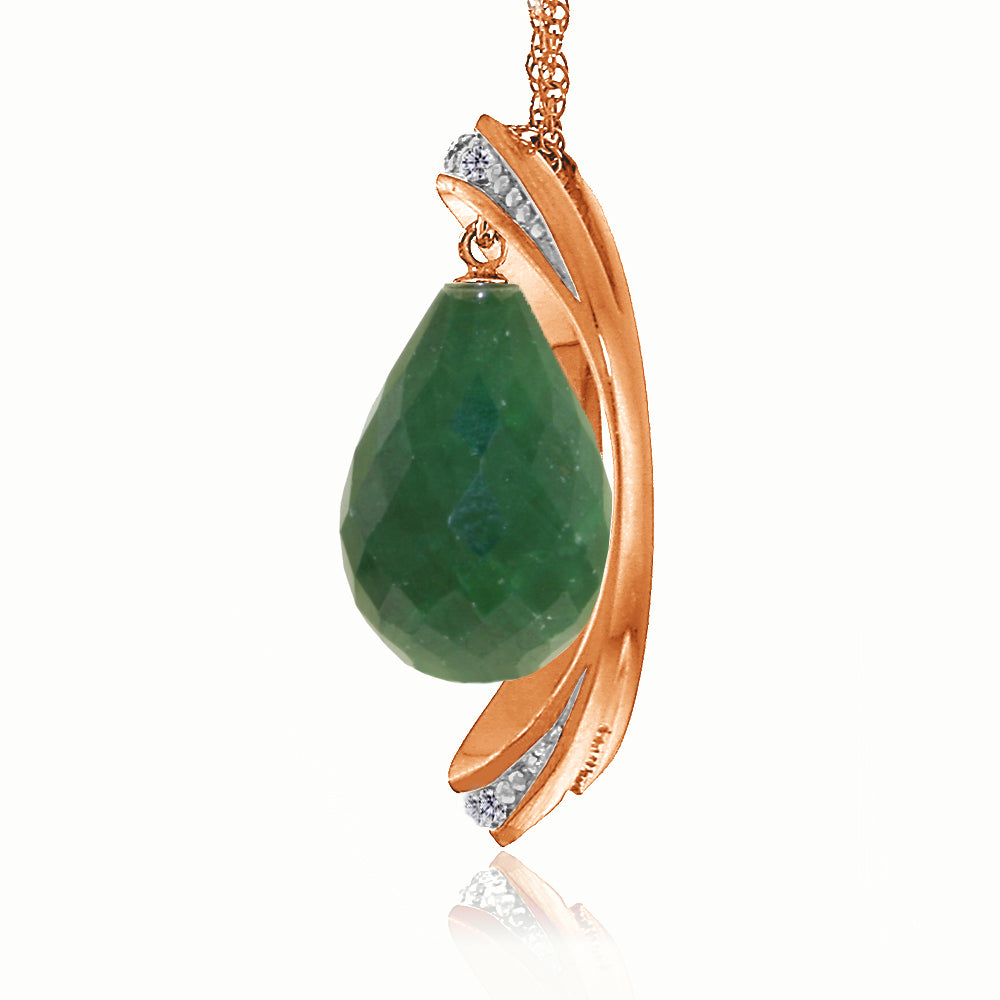 14K Solid Rose Gold Necklace w/ Natural Briolette Dyed Green Sapphire & Diamonds