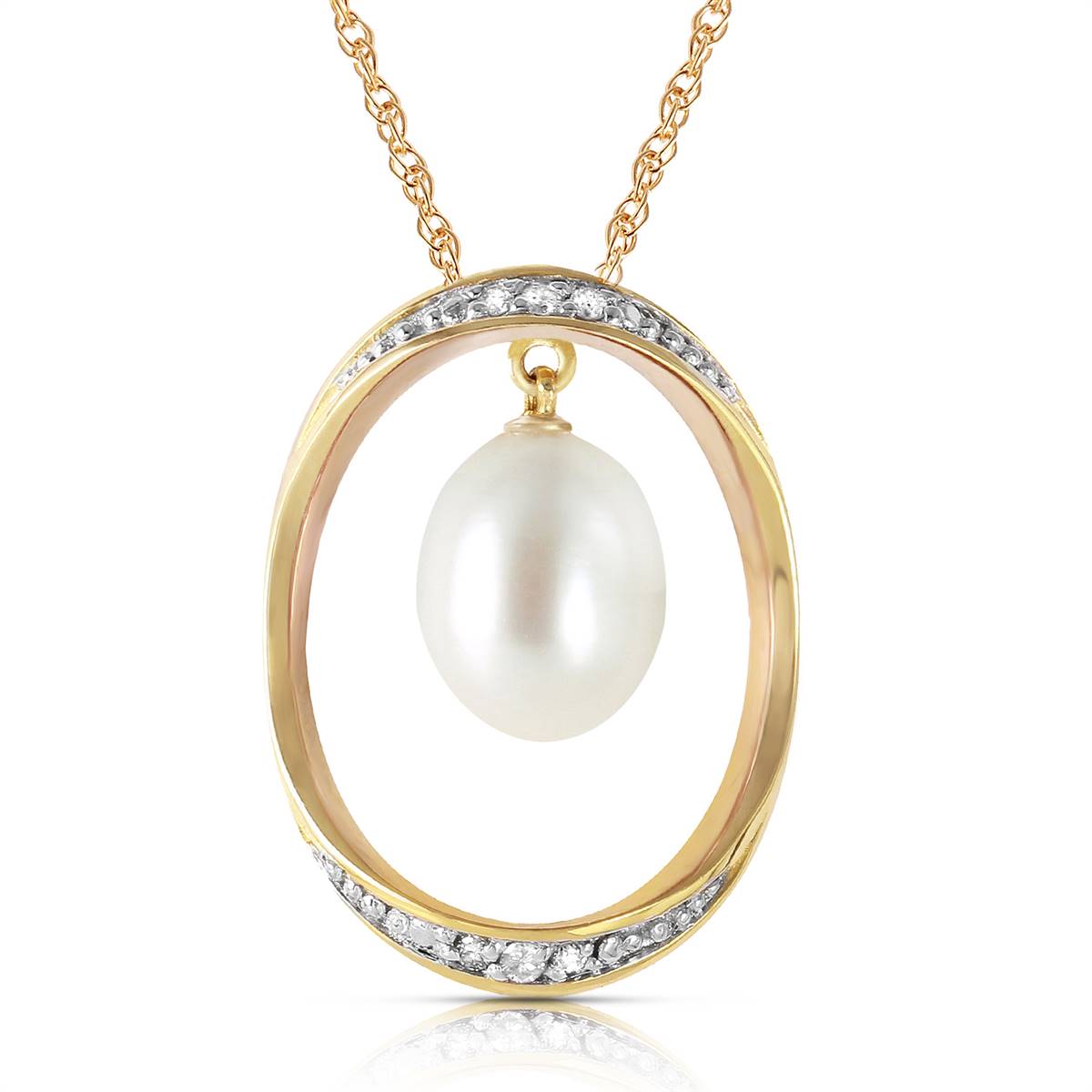 14K Solid Yellow Gold Necklace w/ Natural Briolette Pearl & Diamonds