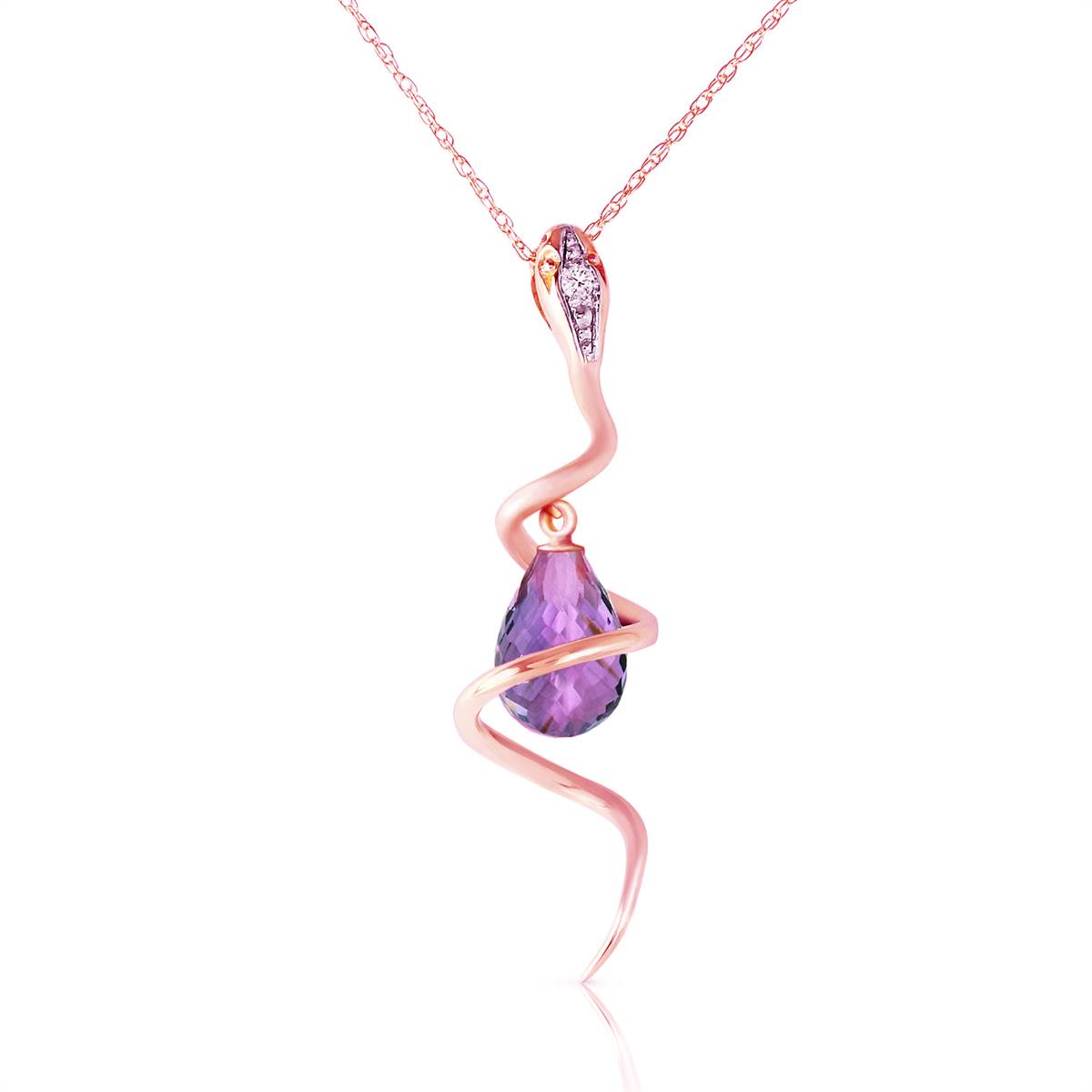 14K Solid Rose Gold Snake Necklace w/ Dangling Briolette Amethyst & Diamond