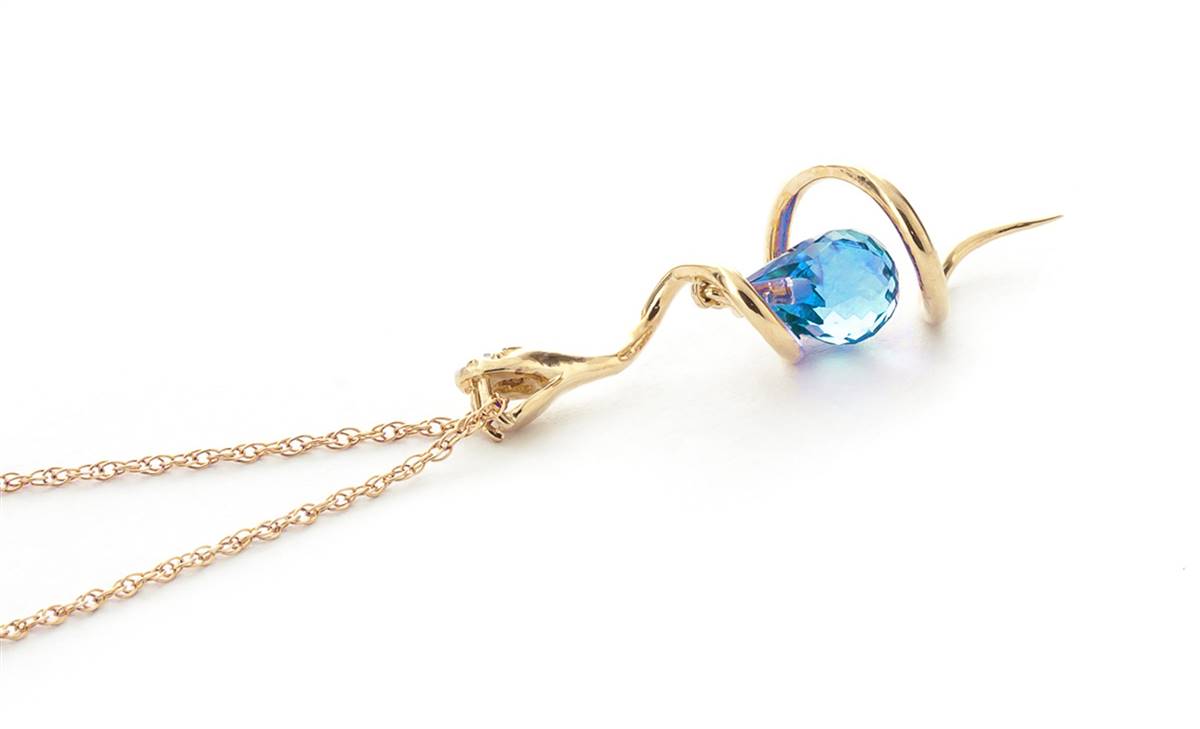 14K Solid Yellow Gold Snake Necklace w/ Dangling Briolette Blue Topaz & Diamond