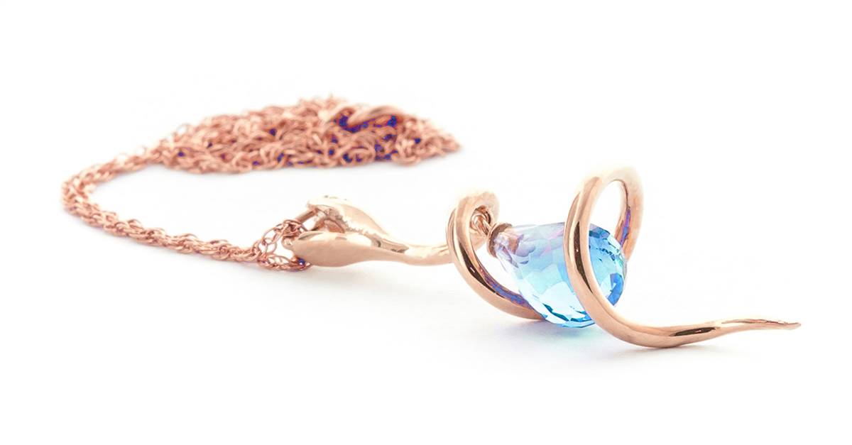 14K Solid Rose Gold Snake Necklace w/ Dangling Briolette Blue Topaz & Diamond