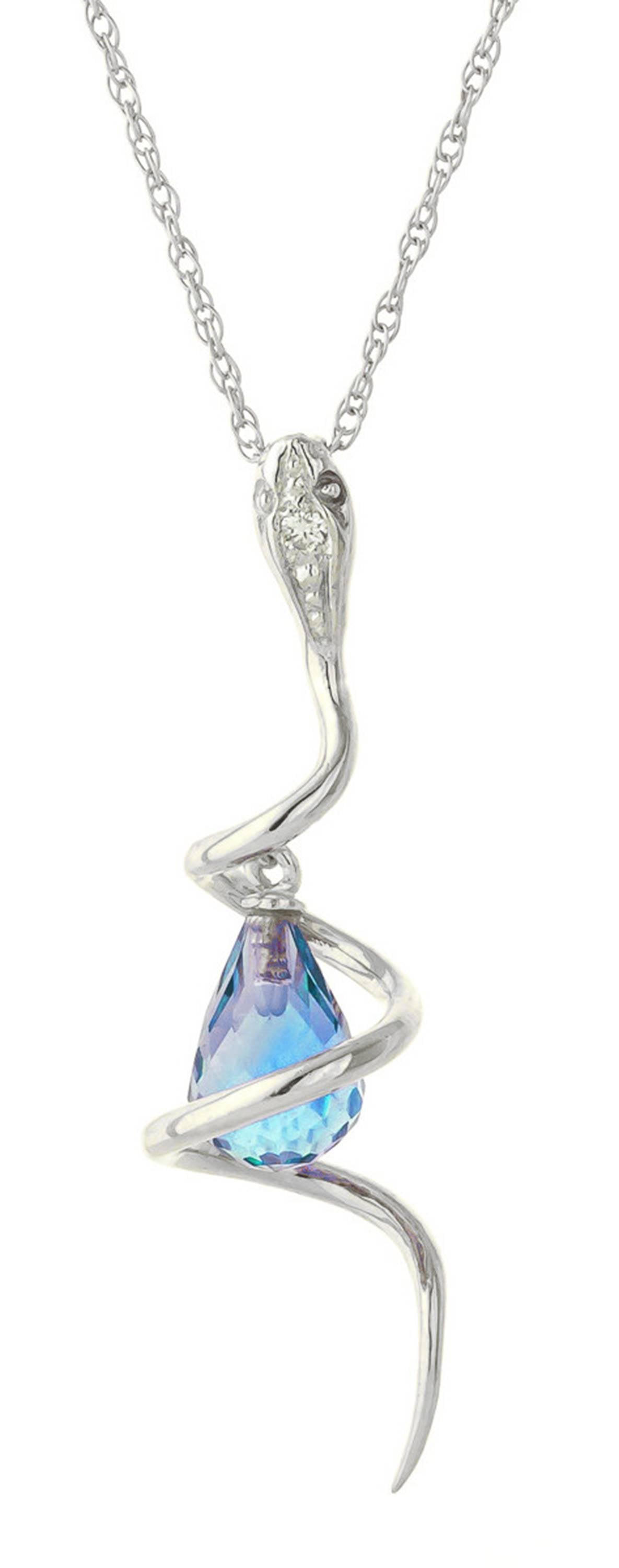 14K Solid White Gold Snake Necklace w/ Dangling Briolette Blue Topaz & Diamond