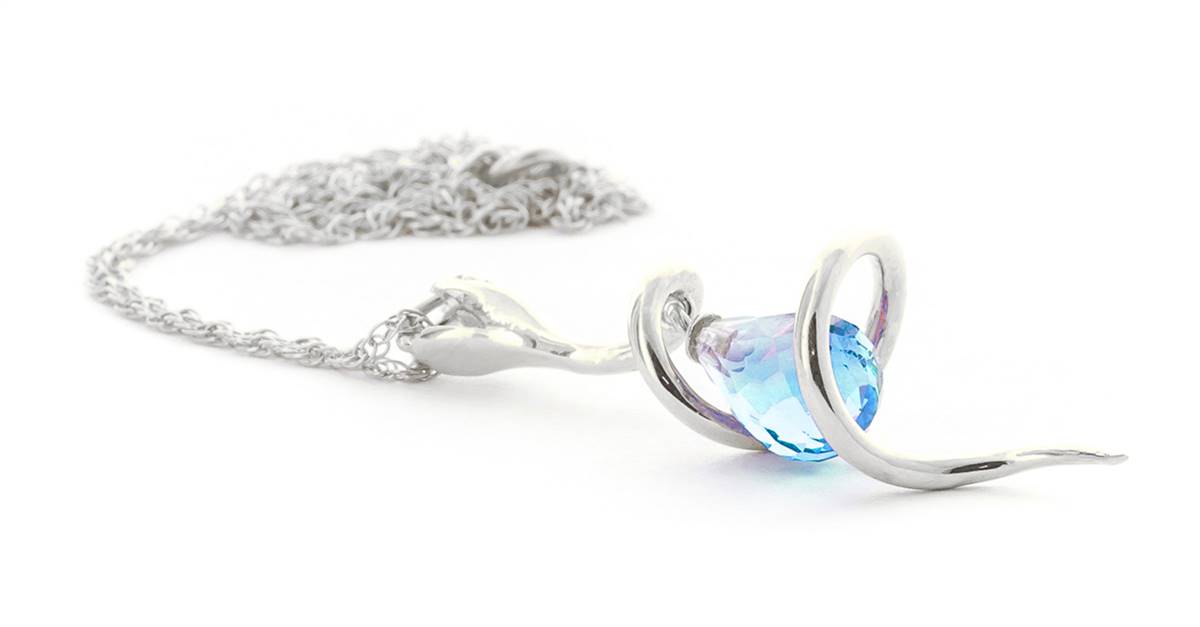 14K Solid White Gold Snake Necklace w/ Dangling Briolette Blue Topaz & Diamond
