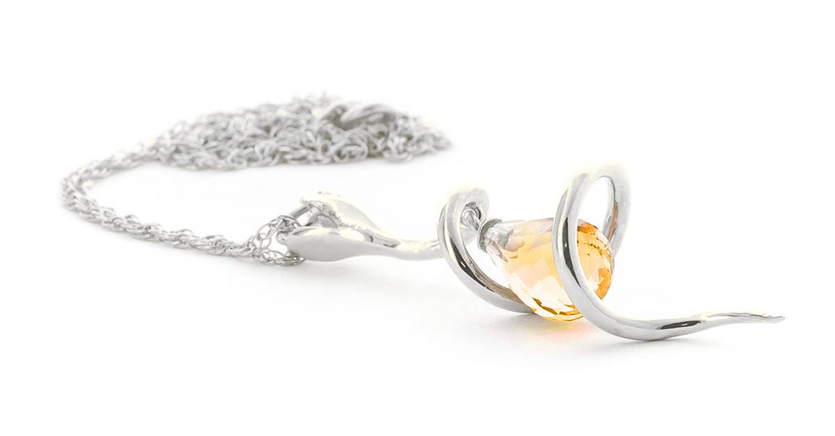 14K Solid White Gold Snake Necklace w/ Dangling Briolette Citrine & Diamond